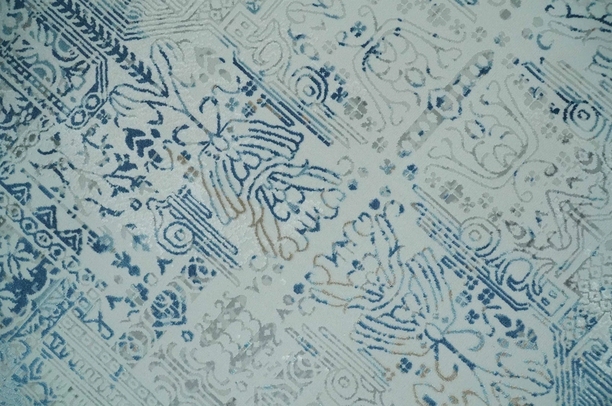 Silver, Blue and Olive Antique Finish, Vintage look, Art Silk Area Rug, Living Room Rug | TRDMM3 - Image 4