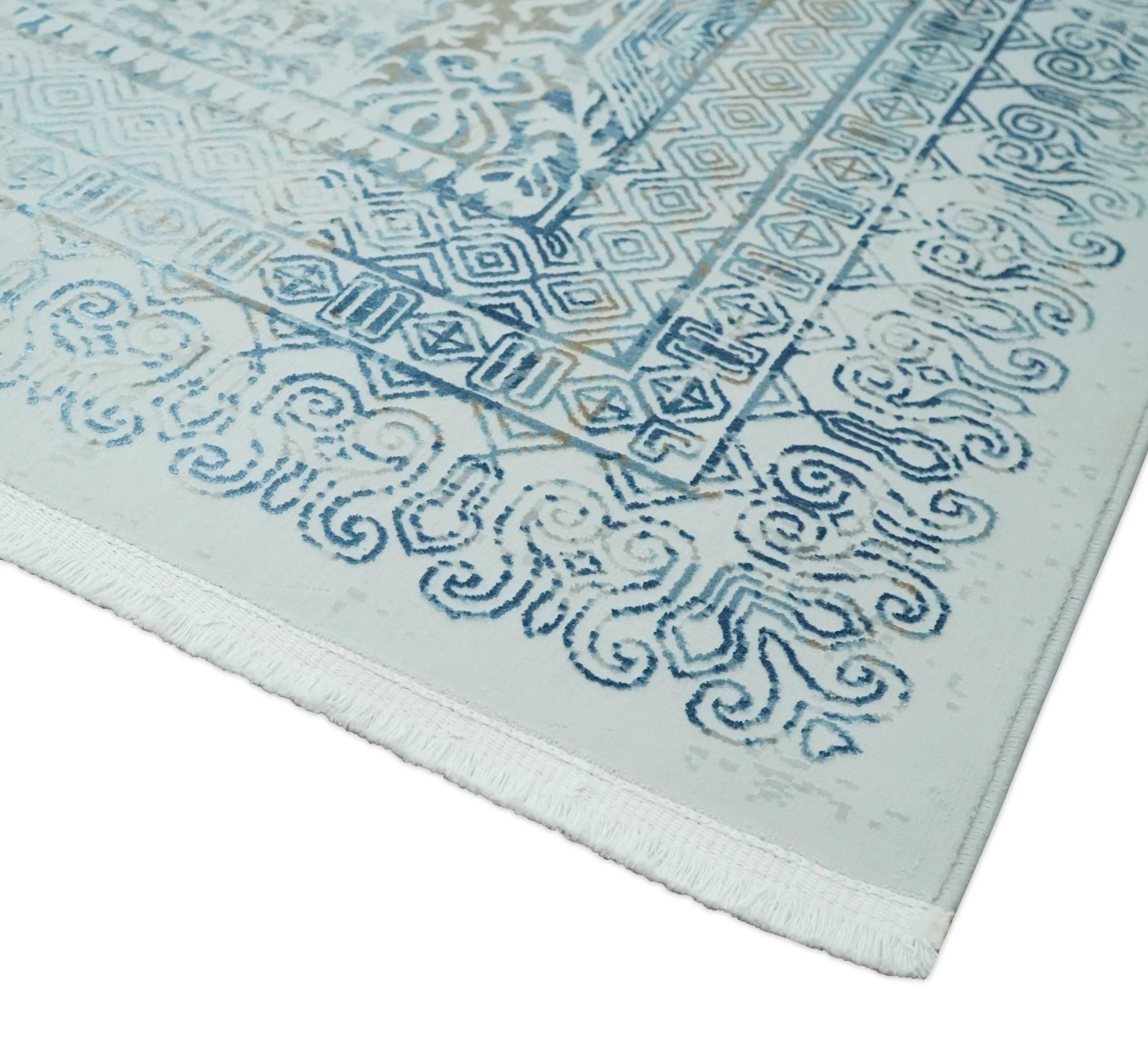 Silver, Blue and Olive Antique Finish, Vintage look, Art Silk Area Rug, Living Room Rug | TRDMM3 - Image 5