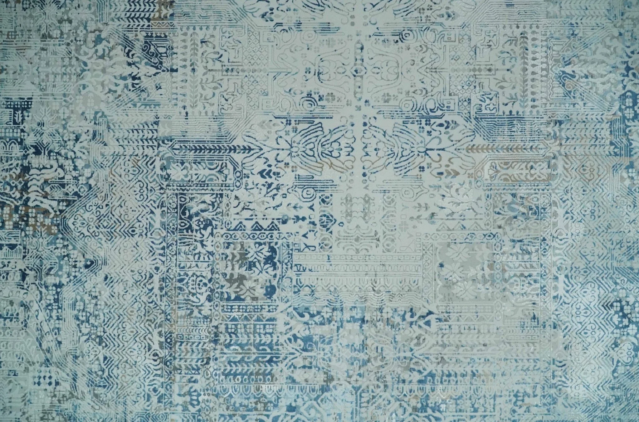 Silver, Blue and Olive Antique Finish, Vintage look, Art Silk Area Rug, Living Room Rug | TRDMM3 - Image 7