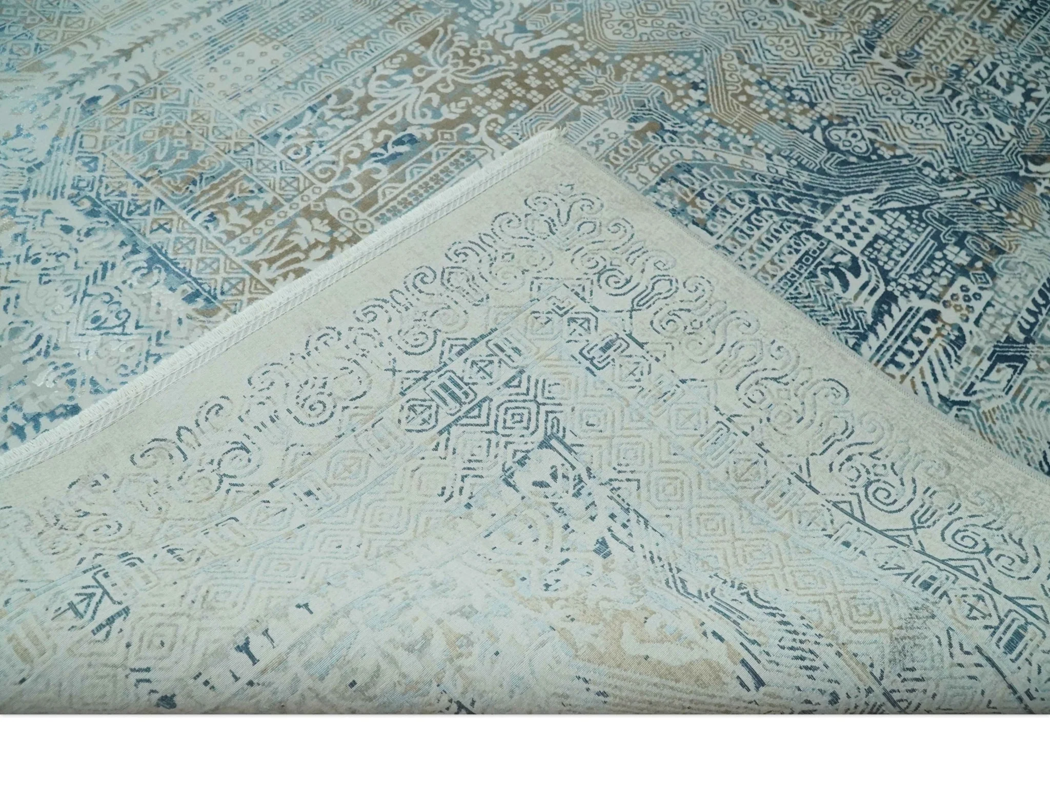 Silver, Blue and Olive Antique Finish, Vintage look, Art Silk Area Rug, Living Room Rug | TRDMM3 - Image 8