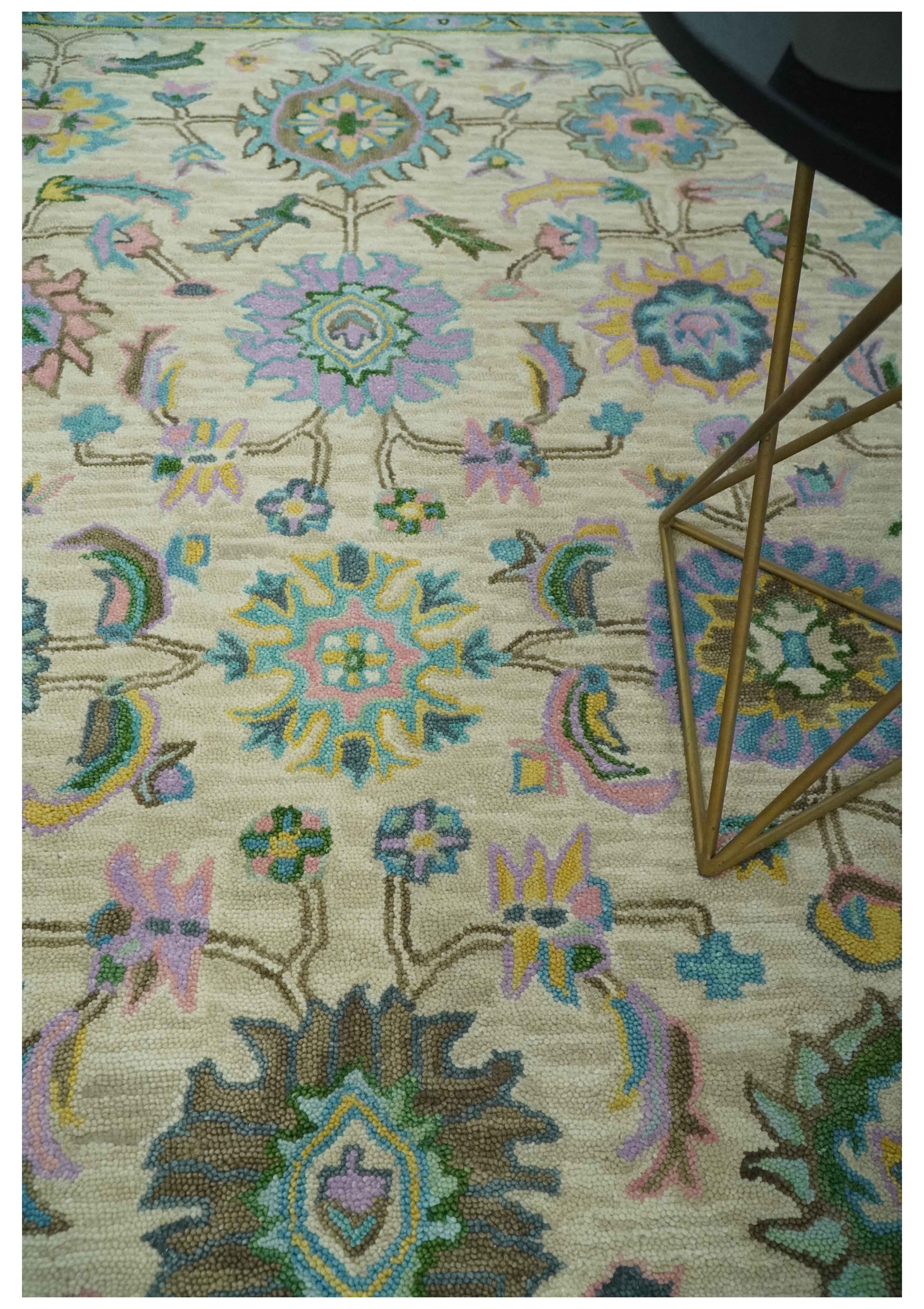 Custom Made Beige, Blue and Purple Traditional Floral Hand Tufted wool rug - Image 2