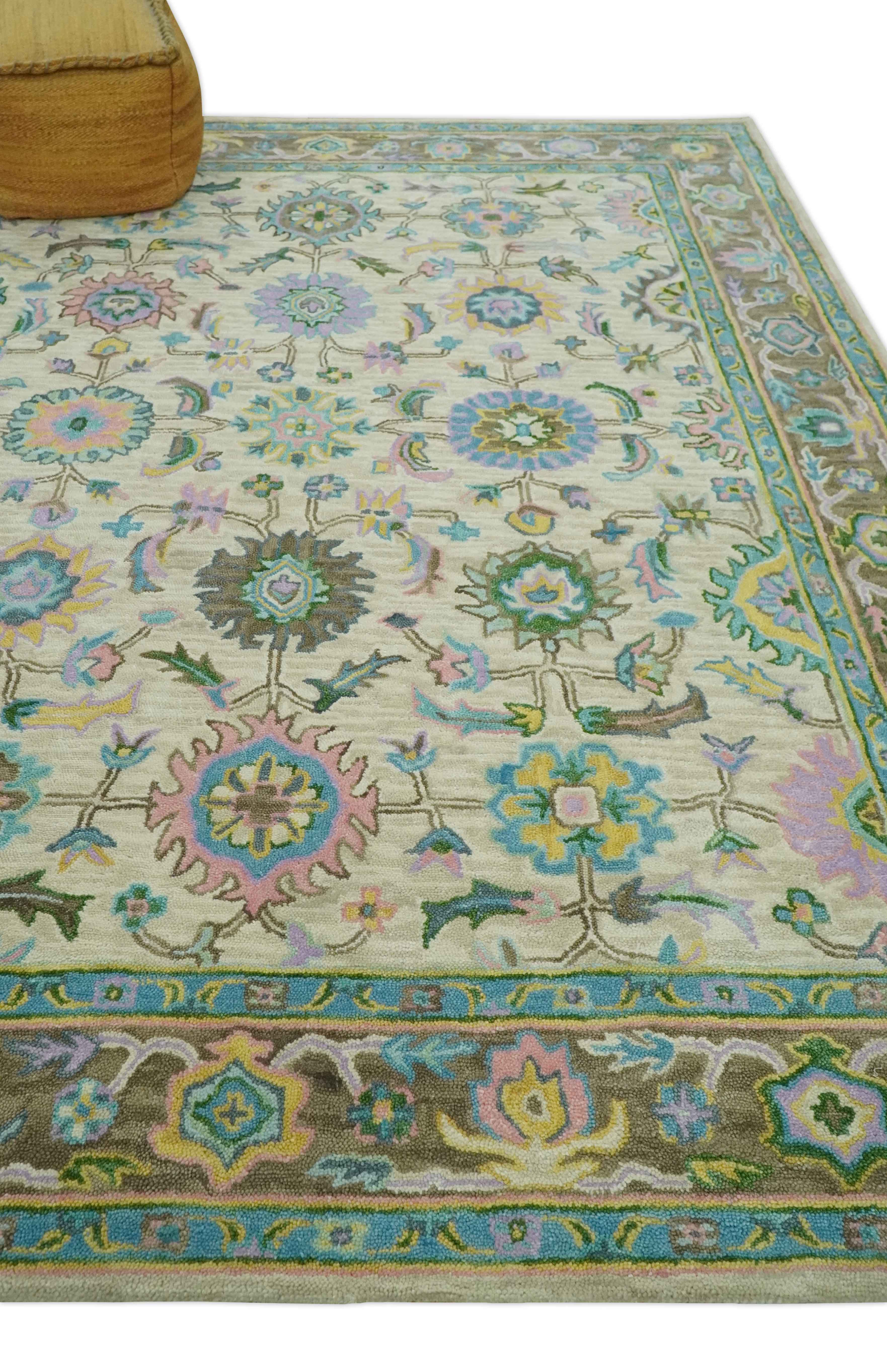 Custom Made Beige, Blue and Purple Traditional Floral Hand Tufted wool rug - Image 3