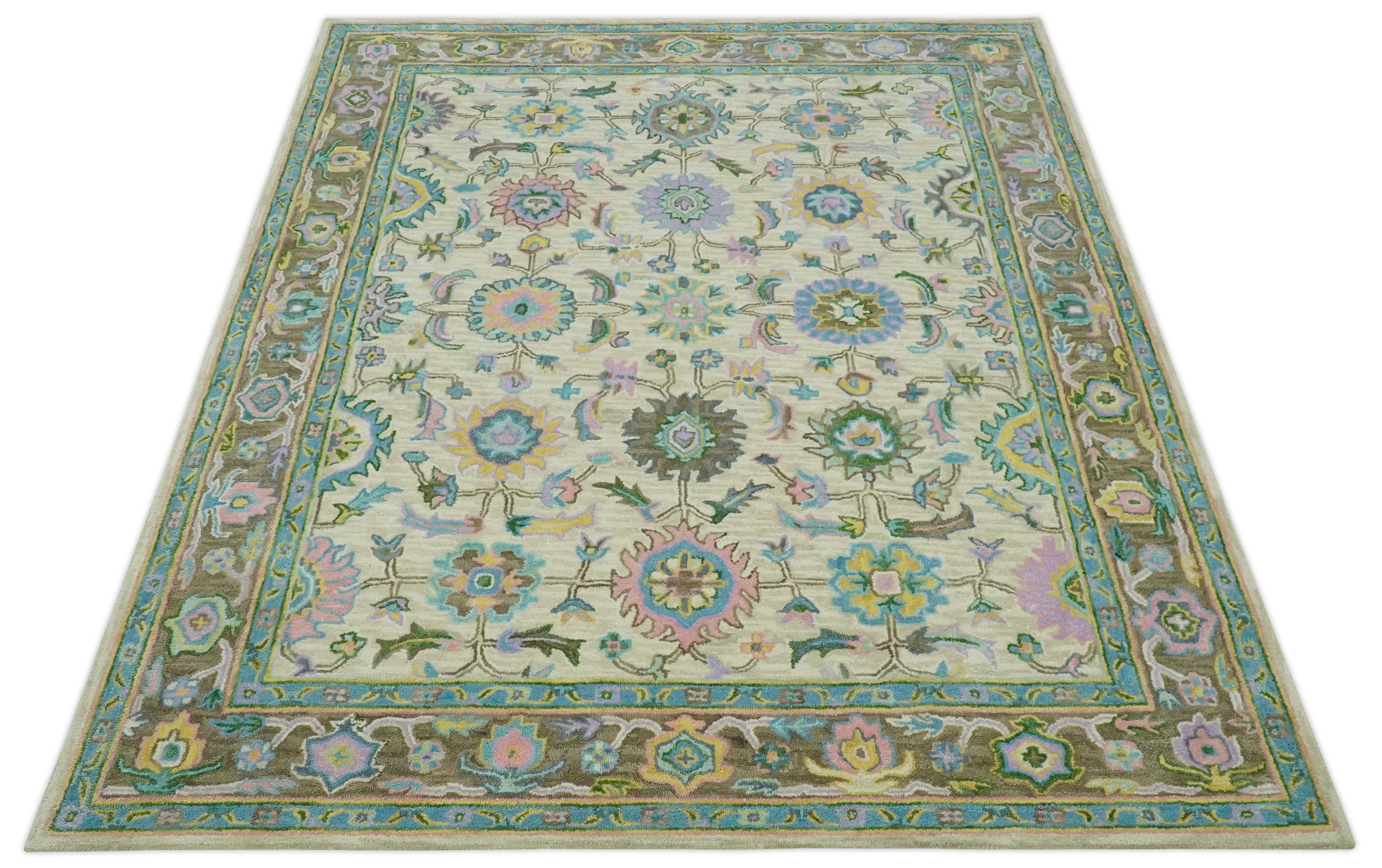Vibrant Colorful Beige, Blue and Purple Traditional Floral Hand Tufted 8x10 wool rug - Image 10