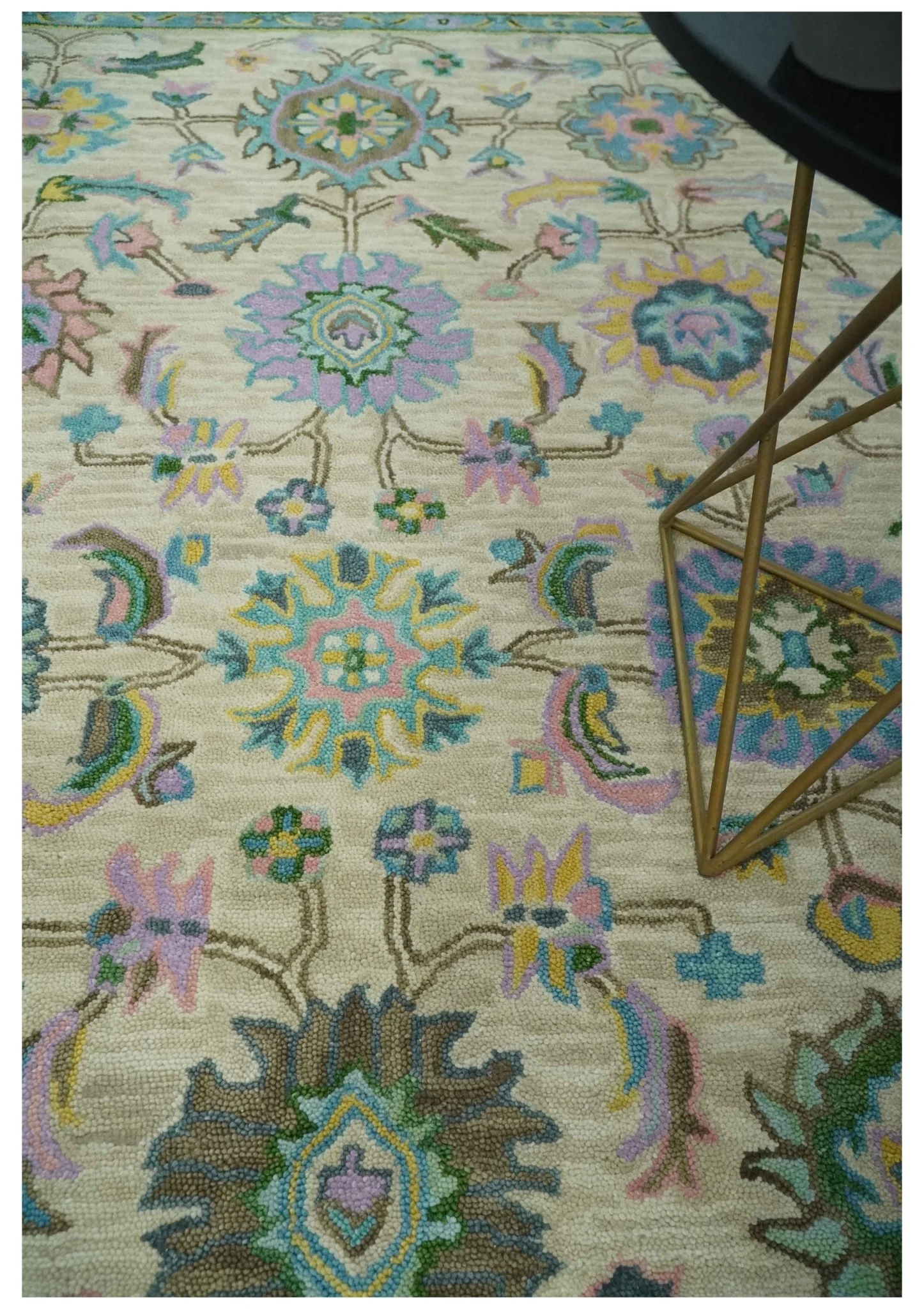 Vibrant Colorful Beige, Blue and Purple Traditional Floral Hand Tufted 8x10 wool rug - Image 2