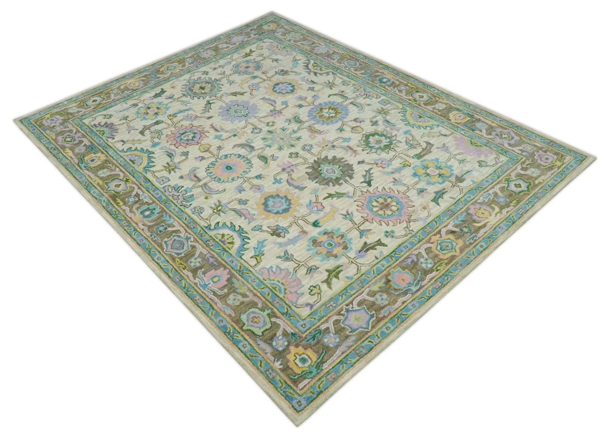 Vibrant Colorful Beige, Blue and Purple Traditional Floral Hand Tufted 8x10 wool rug - Image 9