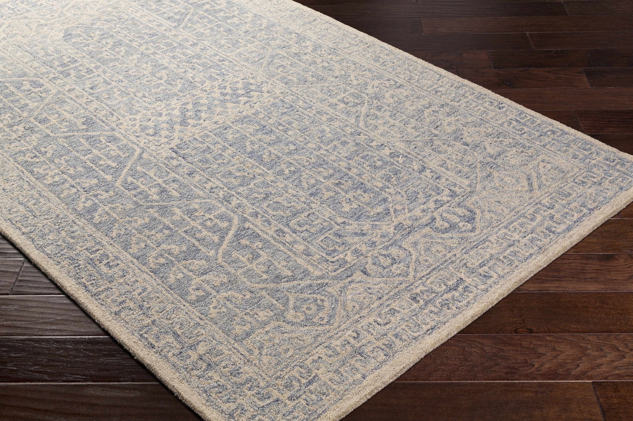 Antique Look Intricate Designs Beige and Blue Traditional Hand Tufted Wool Area Rug - Image 10
