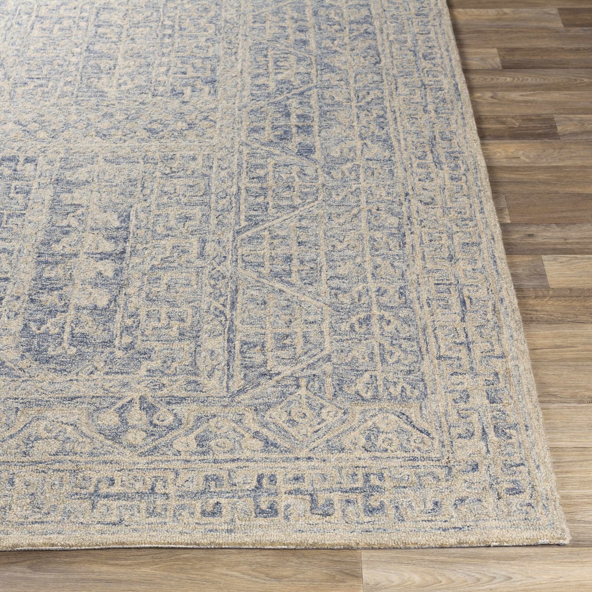 Antique Look Intricate Designs Beige and Blue Traditional Hand Tufted Wool Area Rug - Image 11
