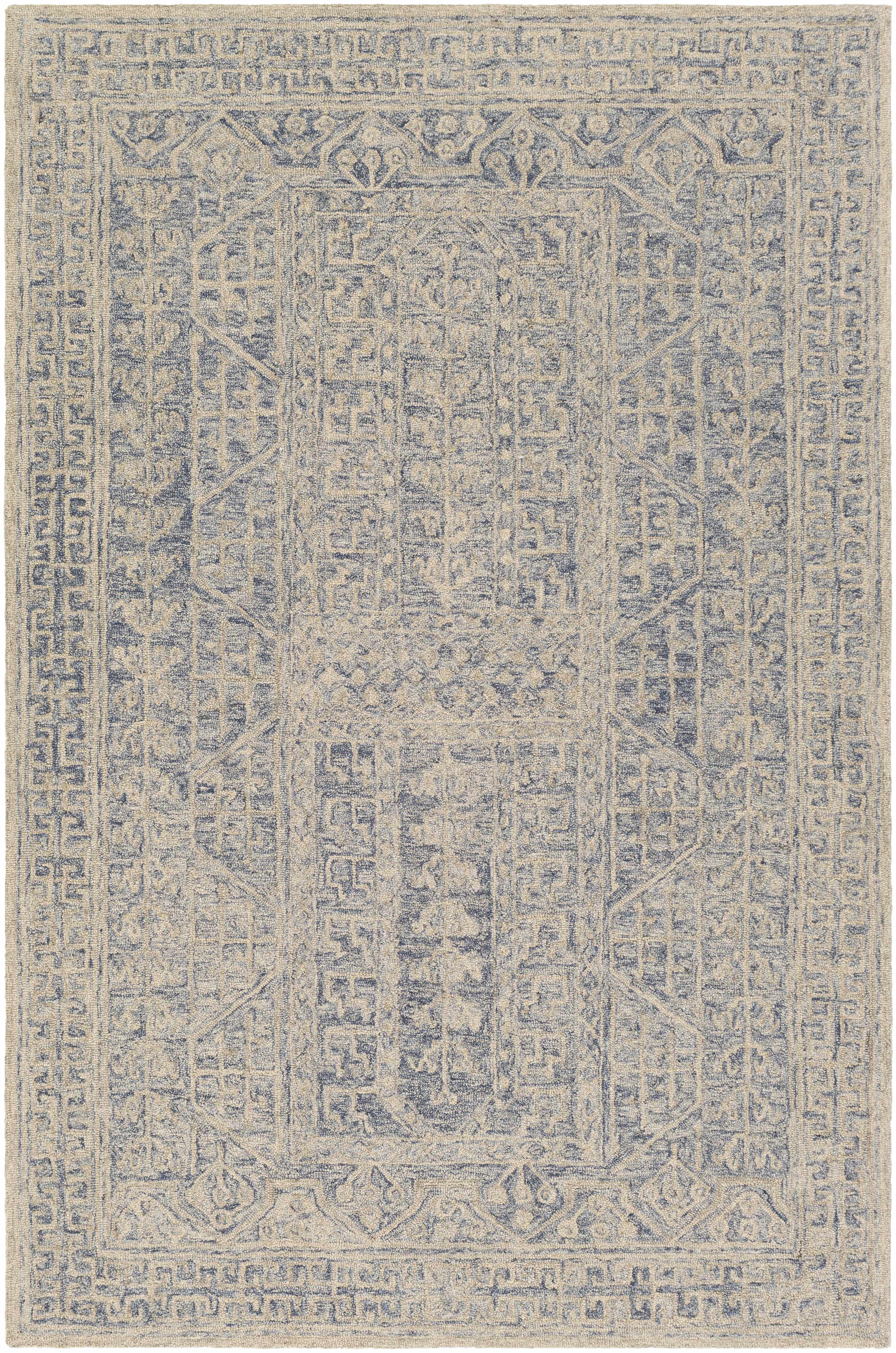 Antique Look Intricate Designs Beige and Blue Traditional Hand Tufted Wool Area Rug - Image 12