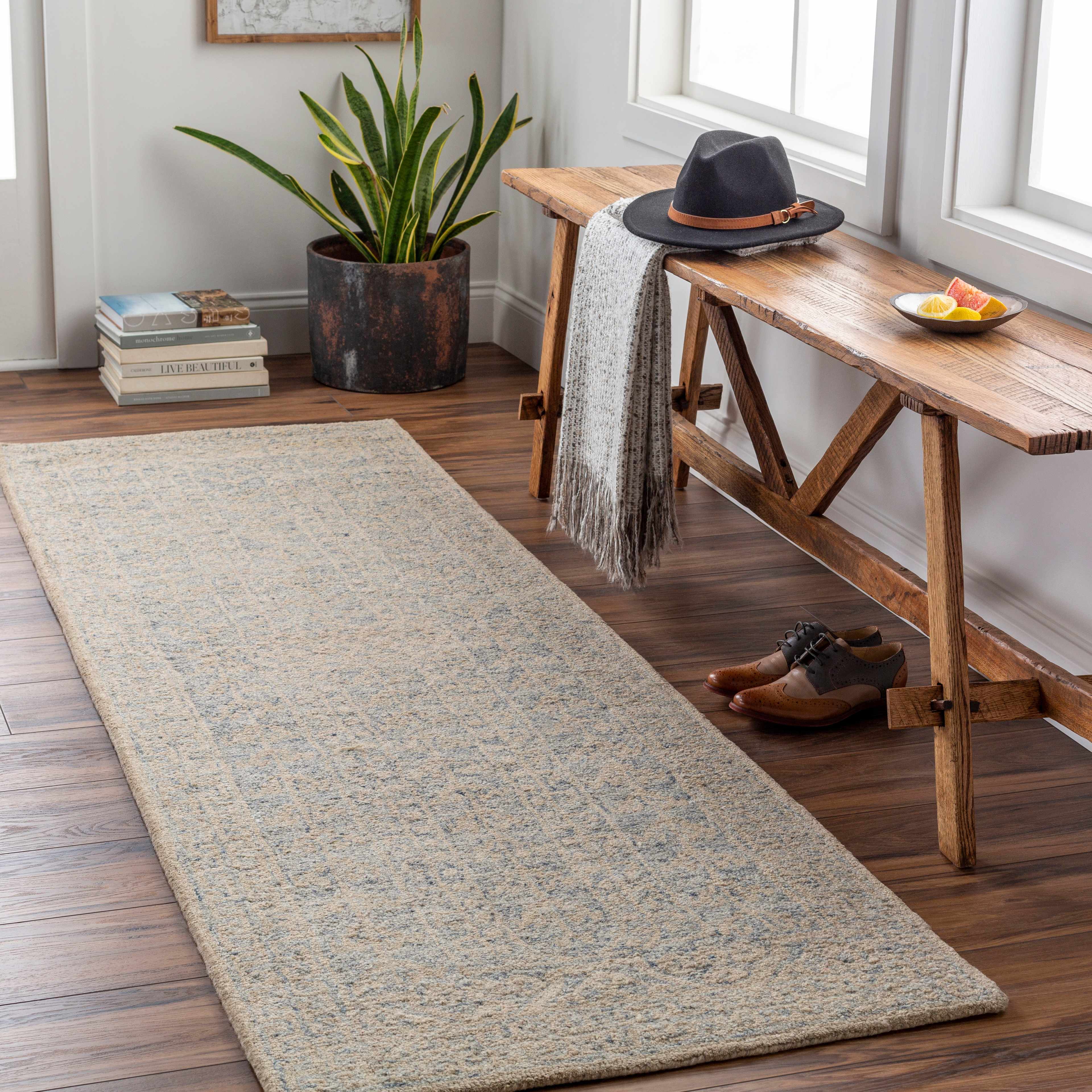 Antique Look Intricate Designs Beige and Blue Traditional Hand Tufted Wool Area Rug - Image 13