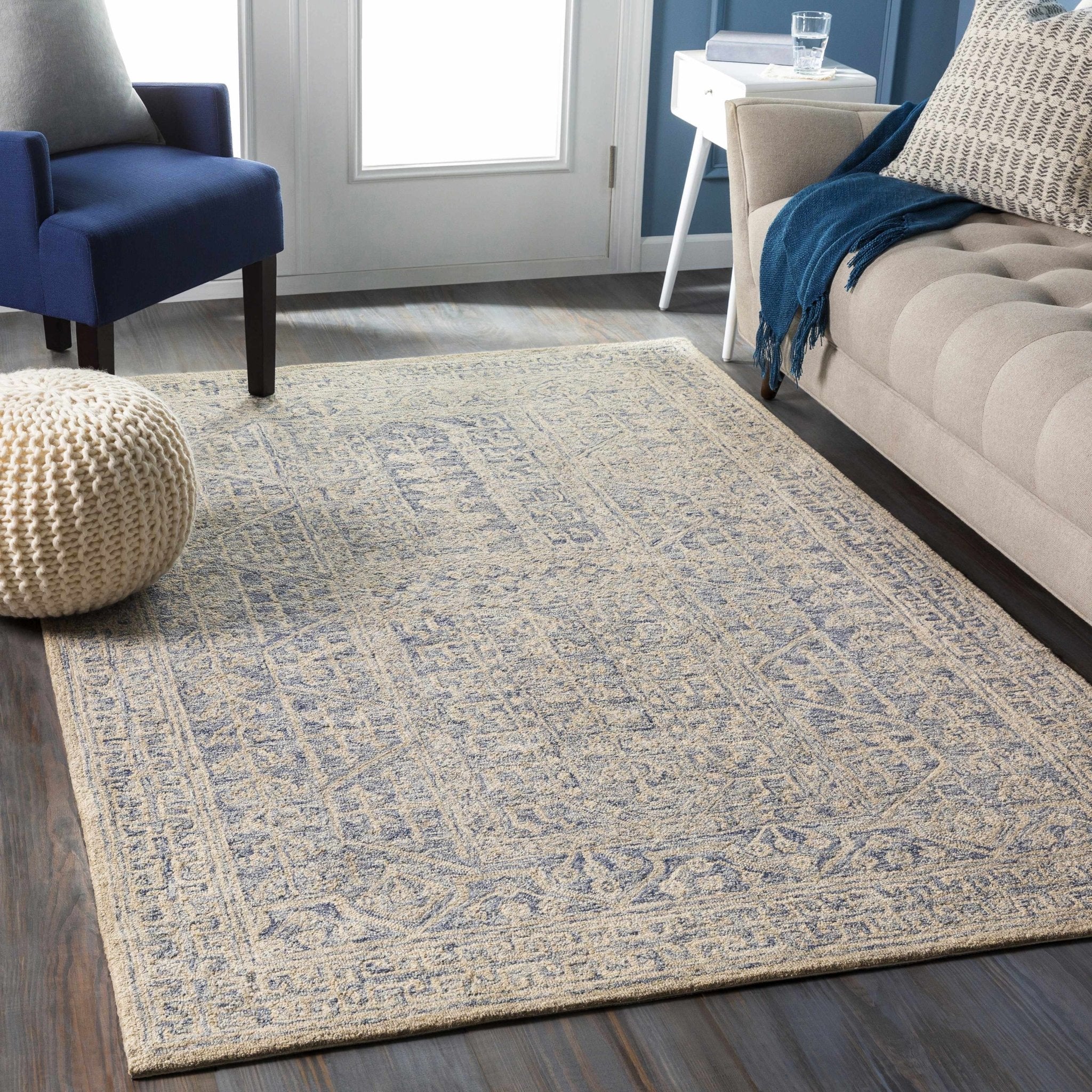 Antique Look Intricate Designs Beige and Blue Traditional Hand Tufted Wool Area Rug - Image 2