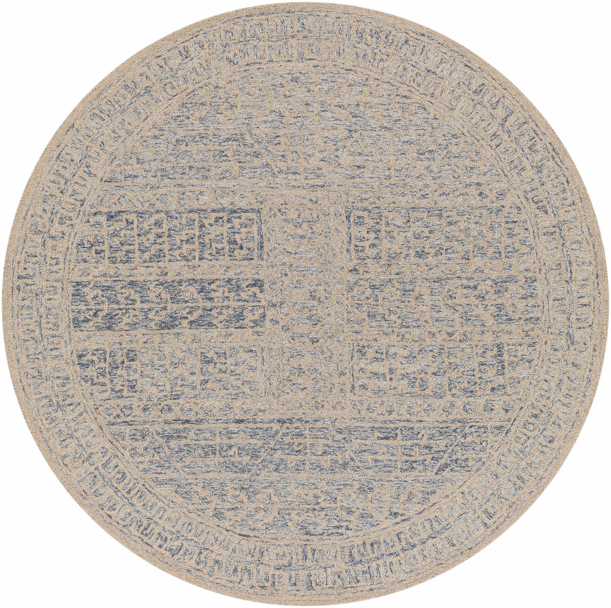Antique Look Intricate Designs Beige and Blue Traditional Hand Tufted Wool Area Rug - Image 3
