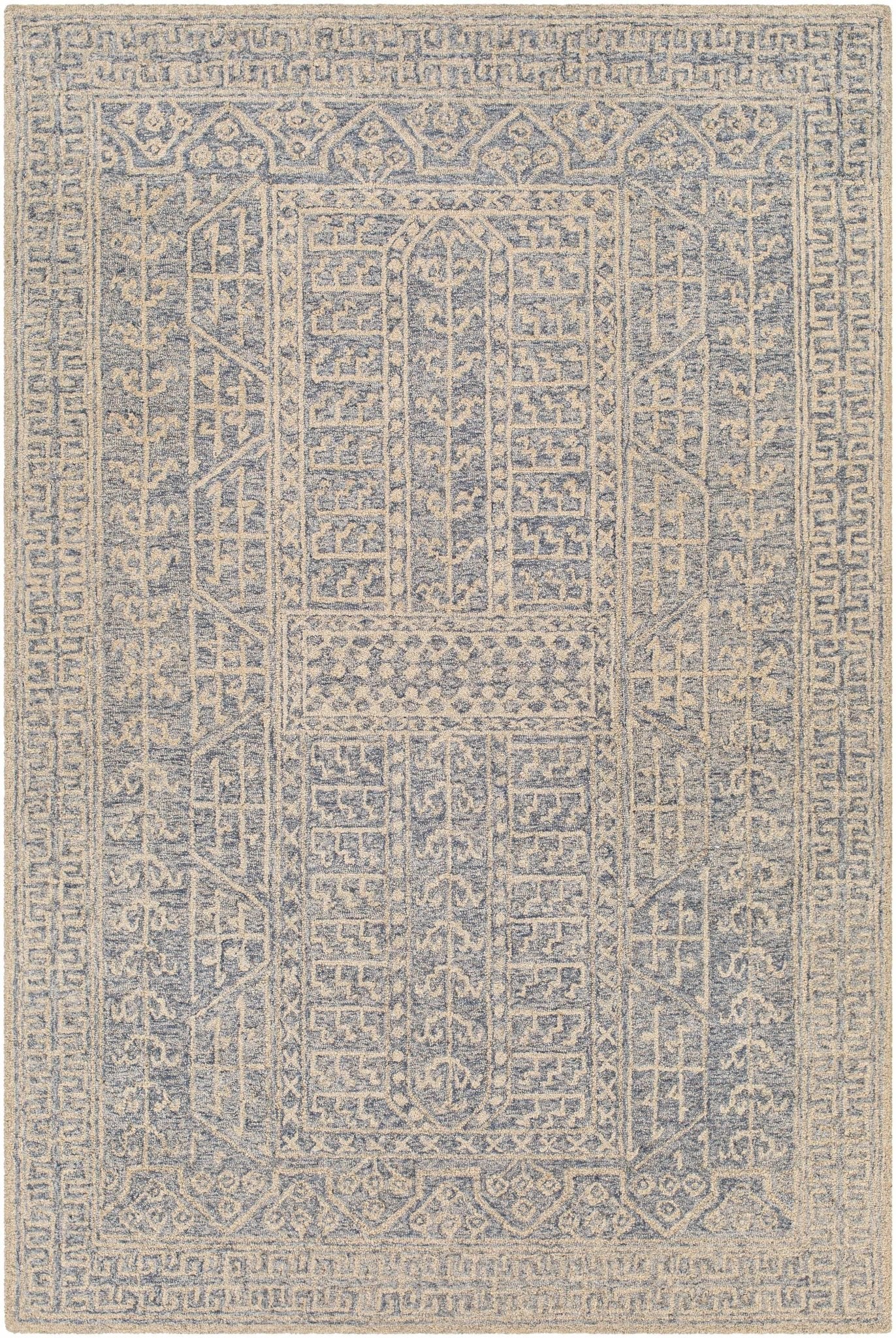 Antique Look Intricate Designs Beige and Blue Traditional Hand Tufted Wool Area Rug - Image 4