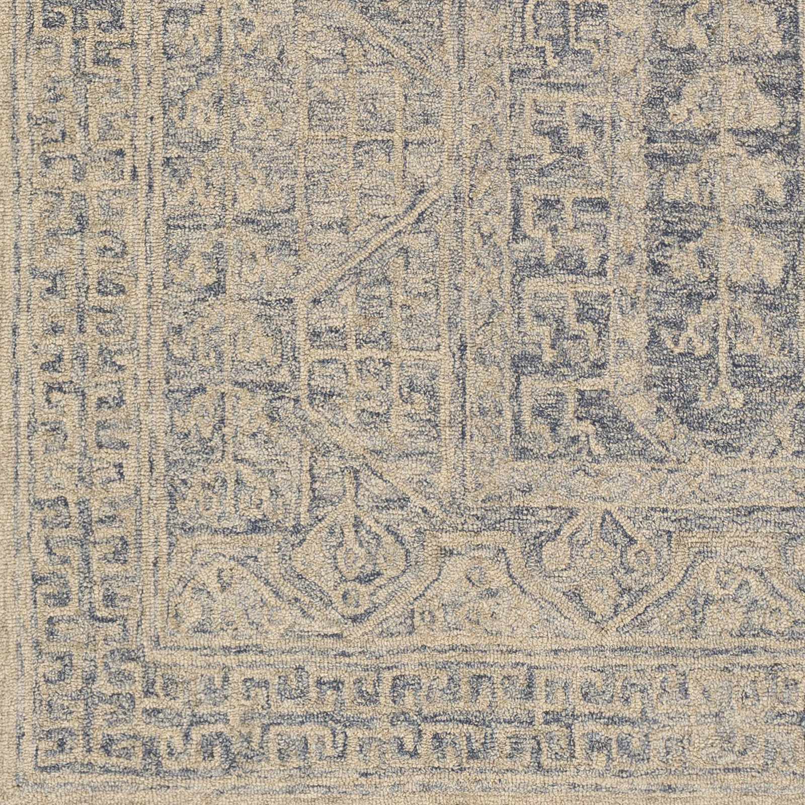 Antique Look Intricate Designs Beige and Blue Traditional Hand Tufted Wool Area Rug - Image 7