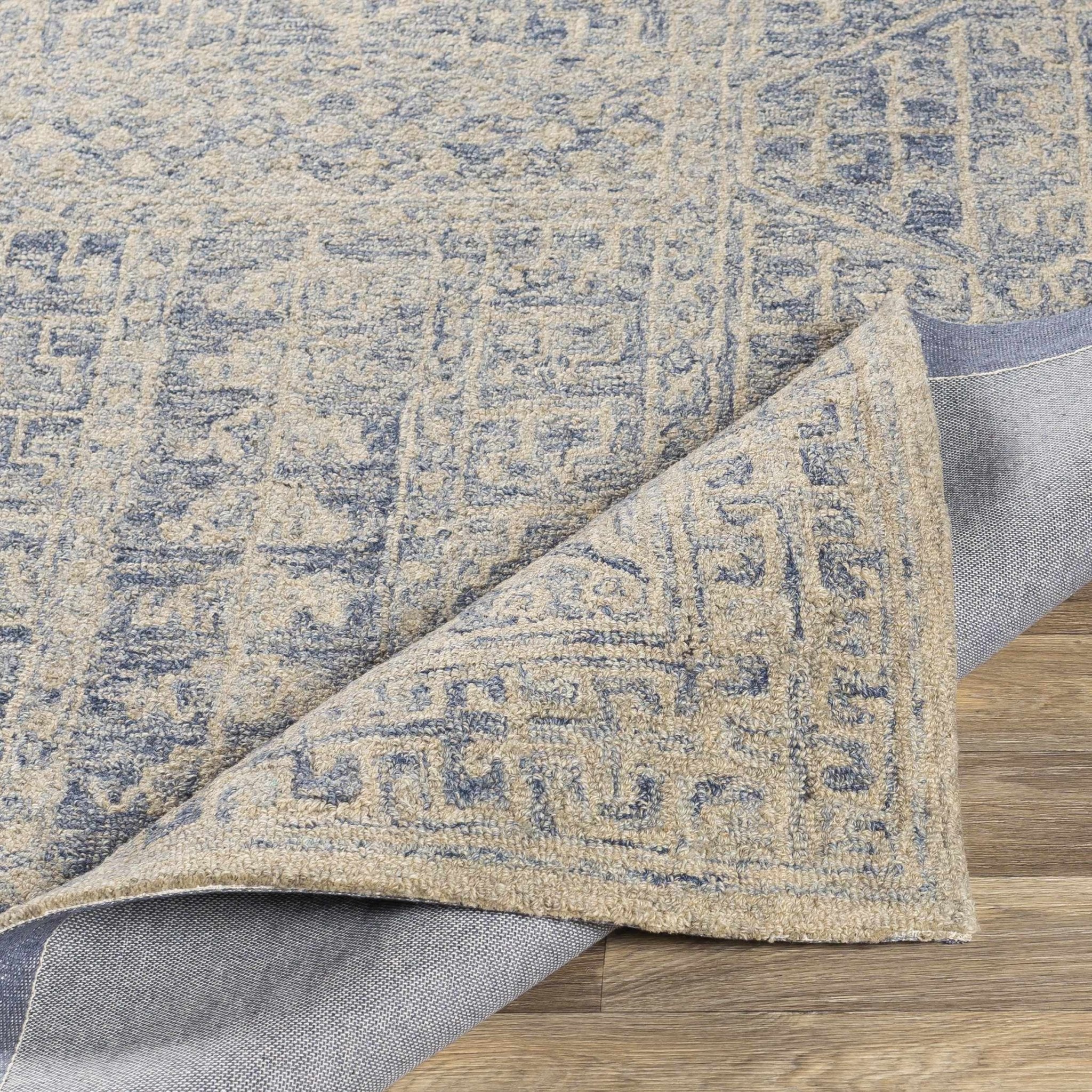 Antique Look Intricate Designs Beige and Blue Traditional Hand Tufted Wool Area Rug - Image 9