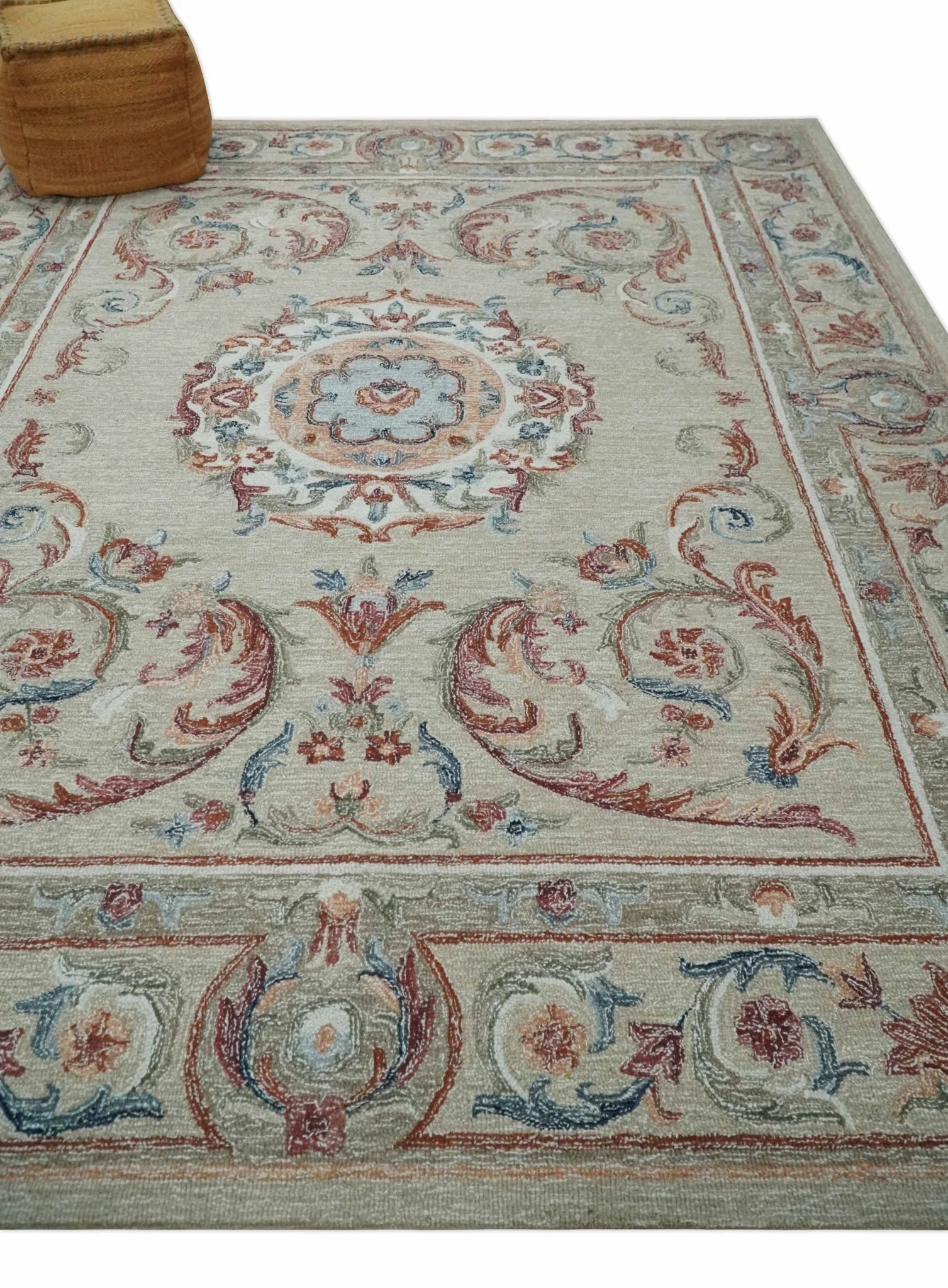French Inspired Aubusson design Custom Made Beige, Brown and Blue Hand Tufted wool Area Rug - Image 3