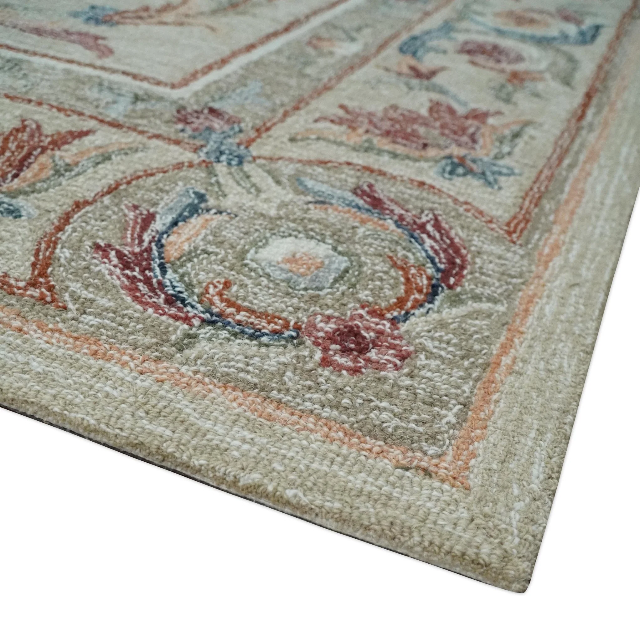 French Inspired Aubusson design Custom Made Beige, Brown and Blue Hand Tufted wool Area Rug - Image 5