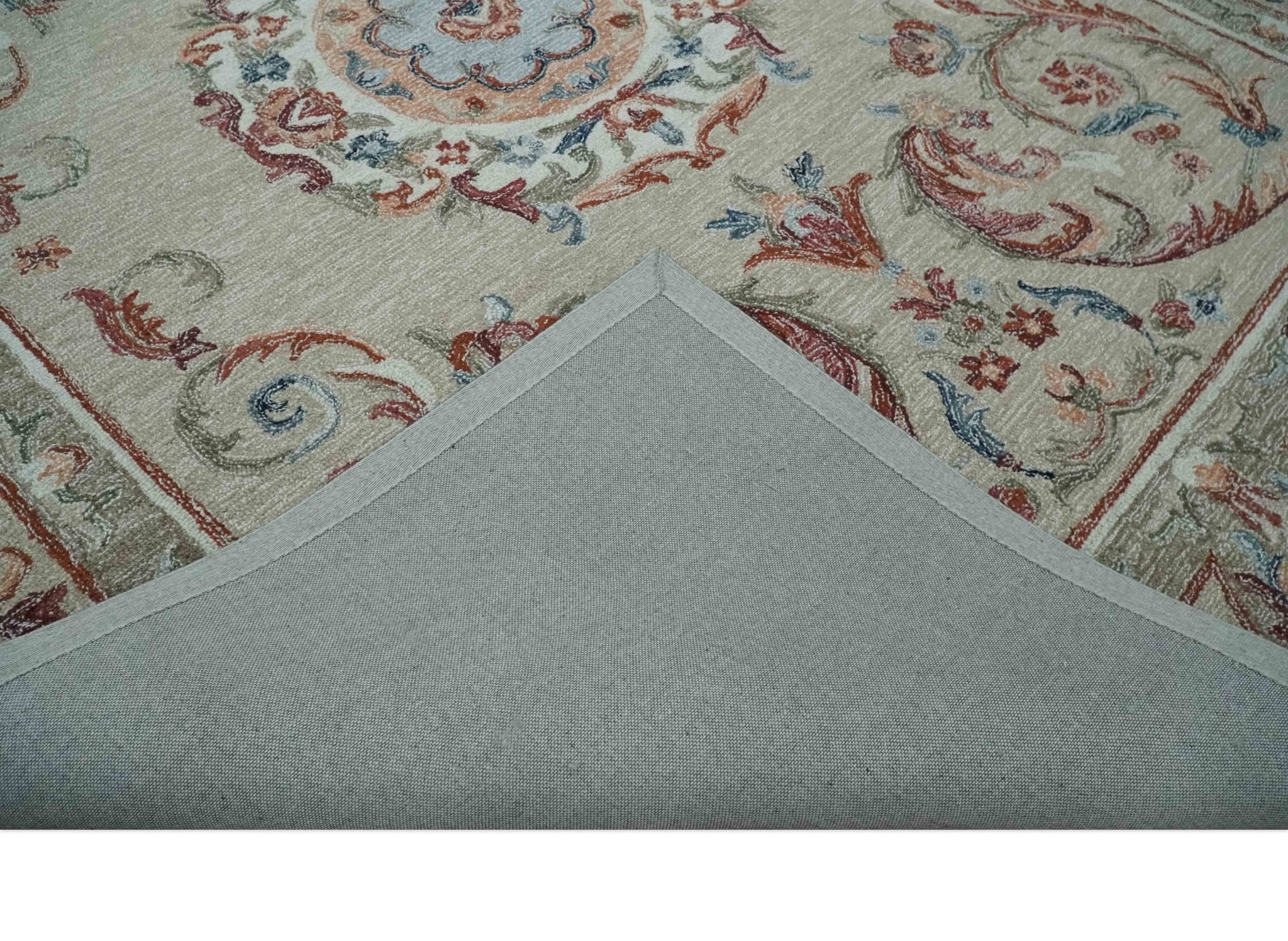 French Inspired Aubusson design Custom Made Beige, Brown and Blue Hand Tufted wool Area Rug - Image 7