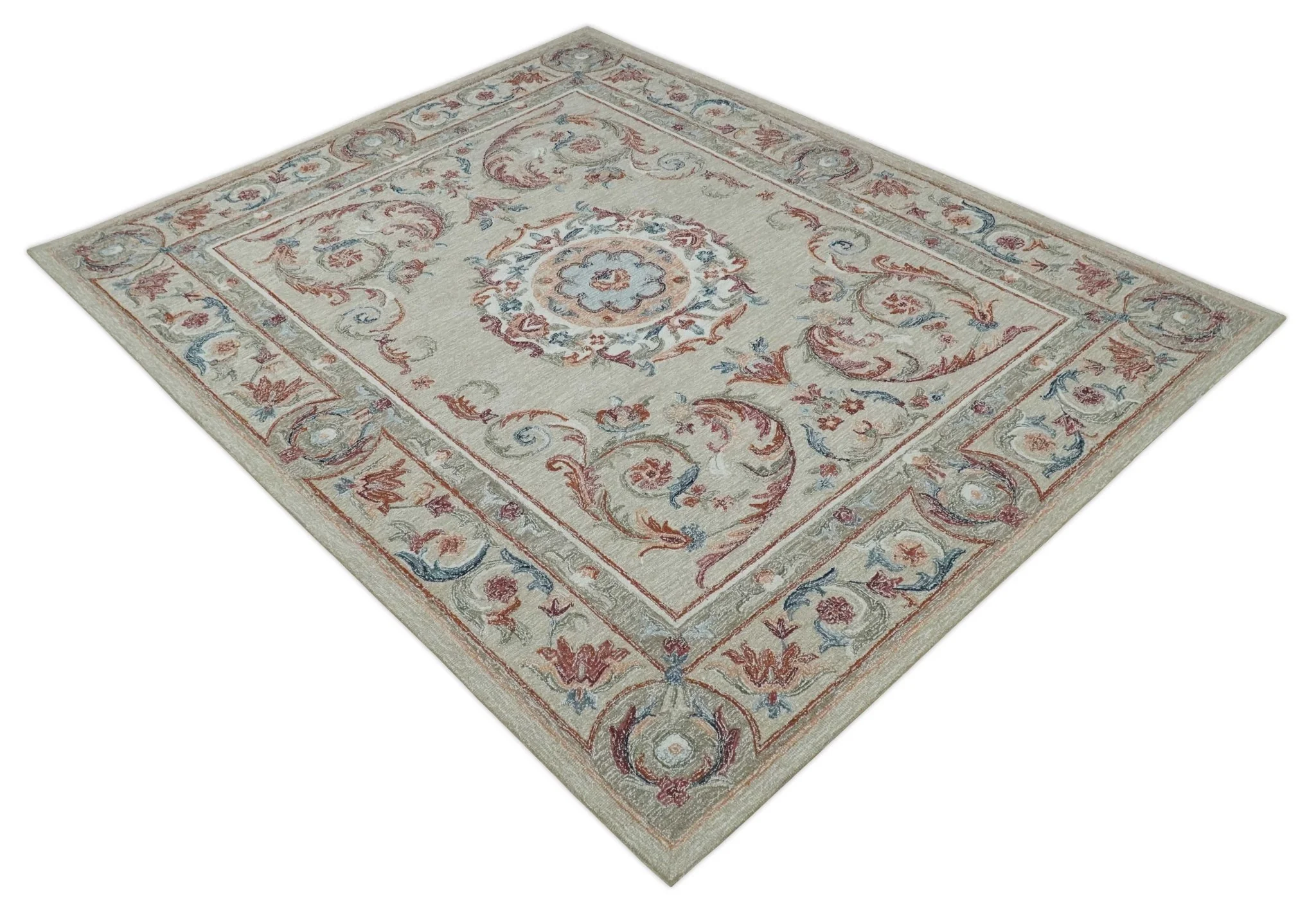French Inspired Aubusson design Custom Made Beige, Brown and Blue Hand Tufted wool Area Rug - Image 9