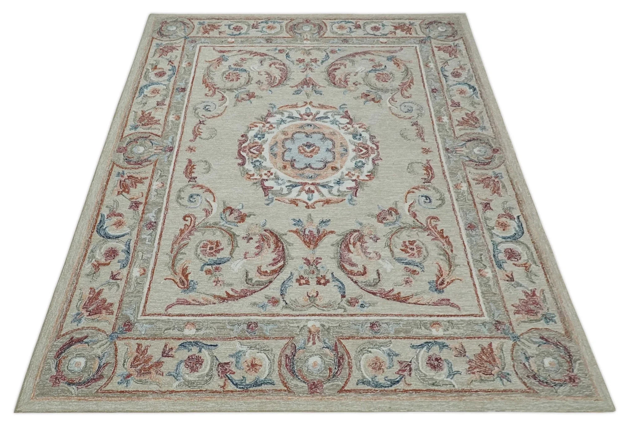 Beige, Brown and Blue Hand Tufted floral Aubusson design 8x10 wool Area Rug - Image 10