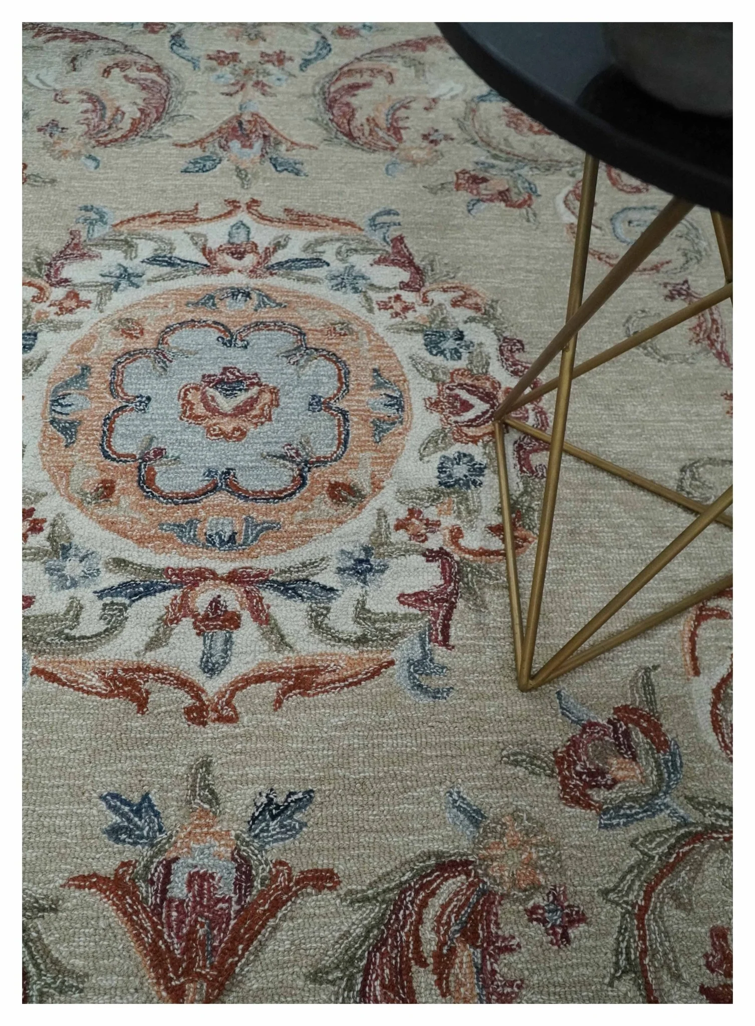 Beige, Brown and Blue Hand Tufted floral Aubusson design 8x10 wool Area Rug - Image 2