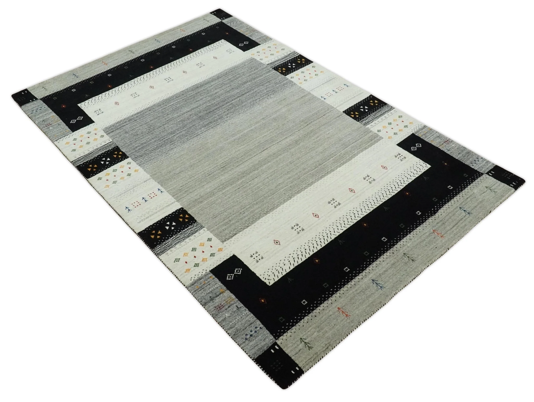 5x8 Ivory, Gray and Black Striped Wool Hand Woven Southwestern Gabbeh Rug | KNT18 - Image 10