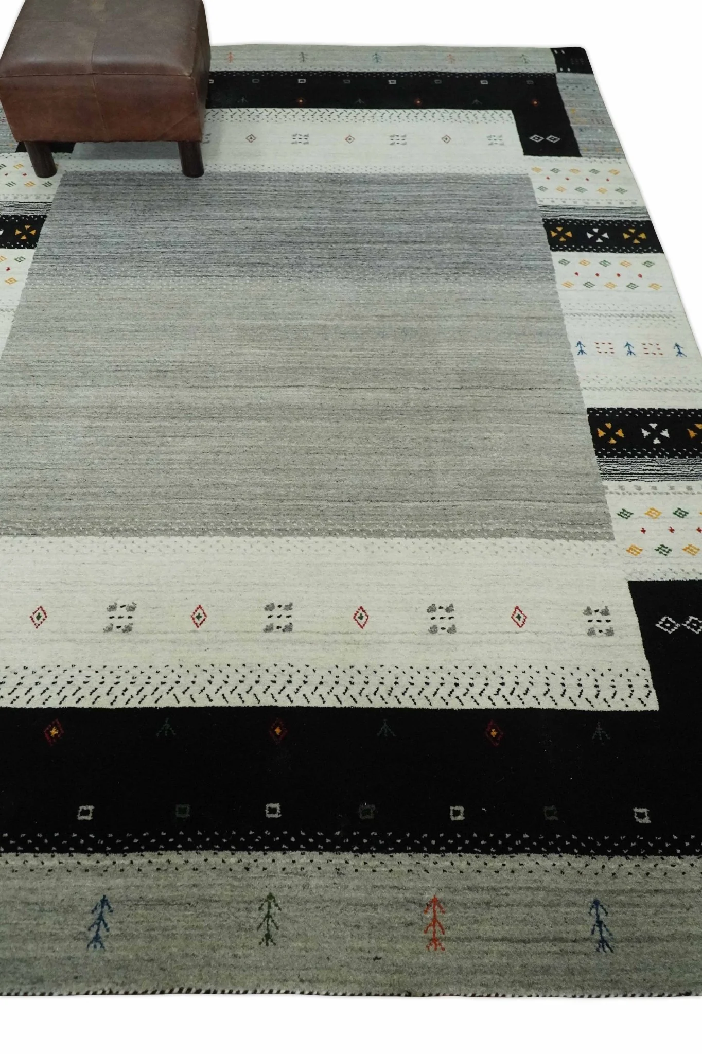 5x8 Ivory, Gray and Black Striped Wool Hand Woven Southwestern Gabbeh Rug | KNT18 - Image 3