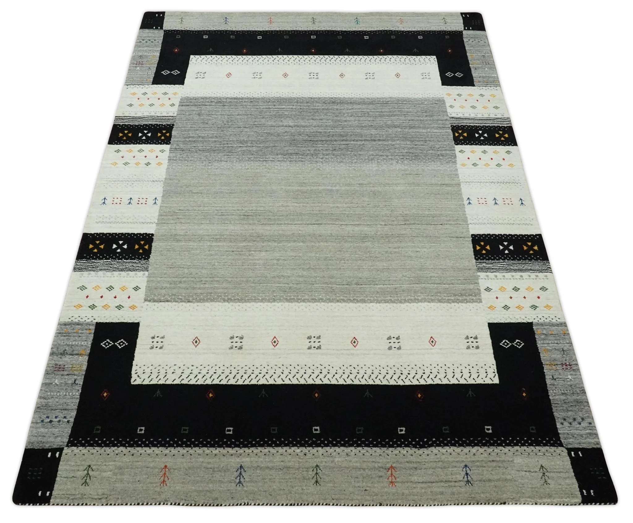 5x8 Ivory, Gray and Black Striped Wool Hand Woven Southwestern Gabbeh Rug | KNT18 - Image 8