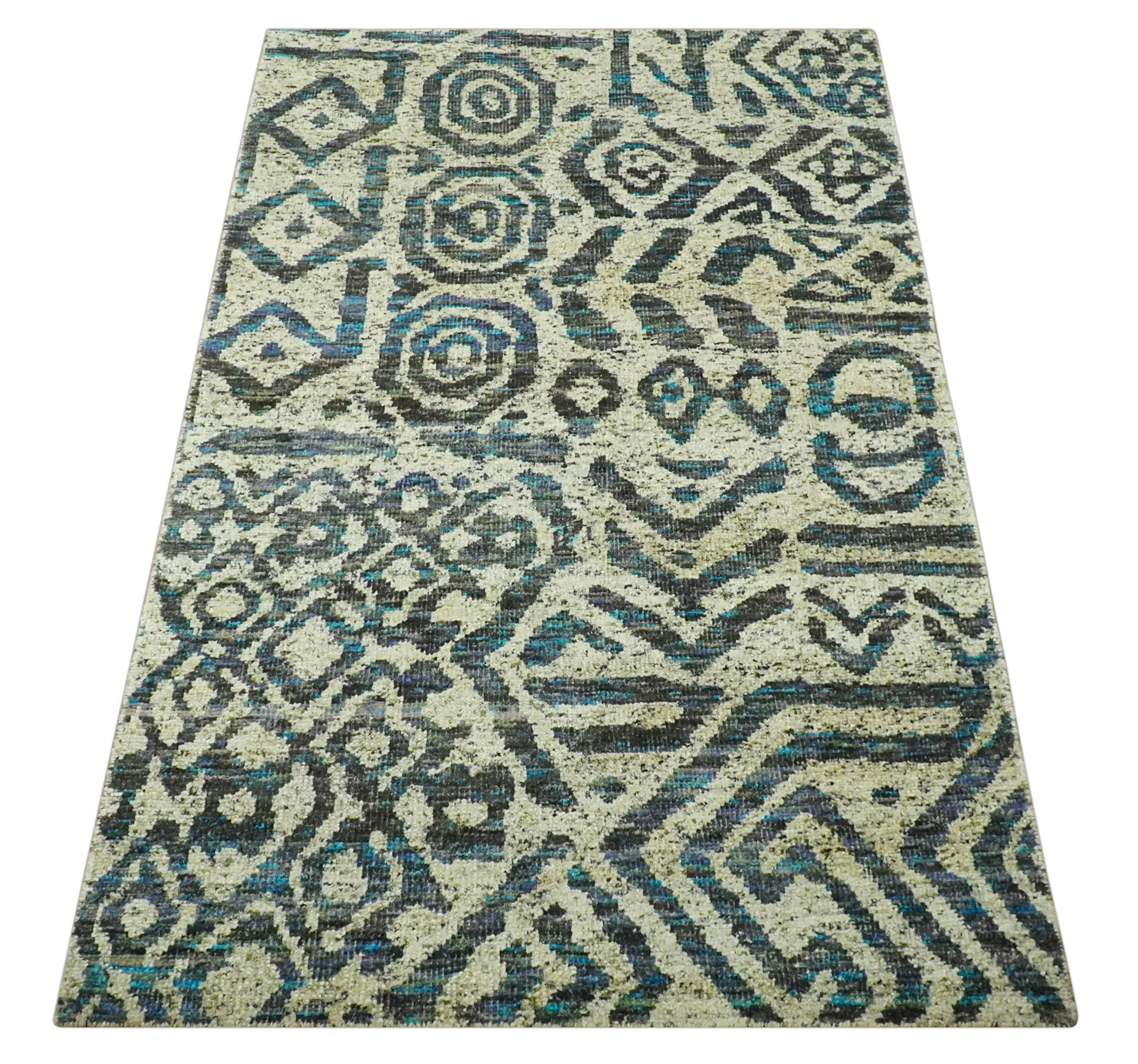 Hand Knotted Beige, Charcoal and Blue Antique Design Contemporary Recycled Silk Rug - Image 10