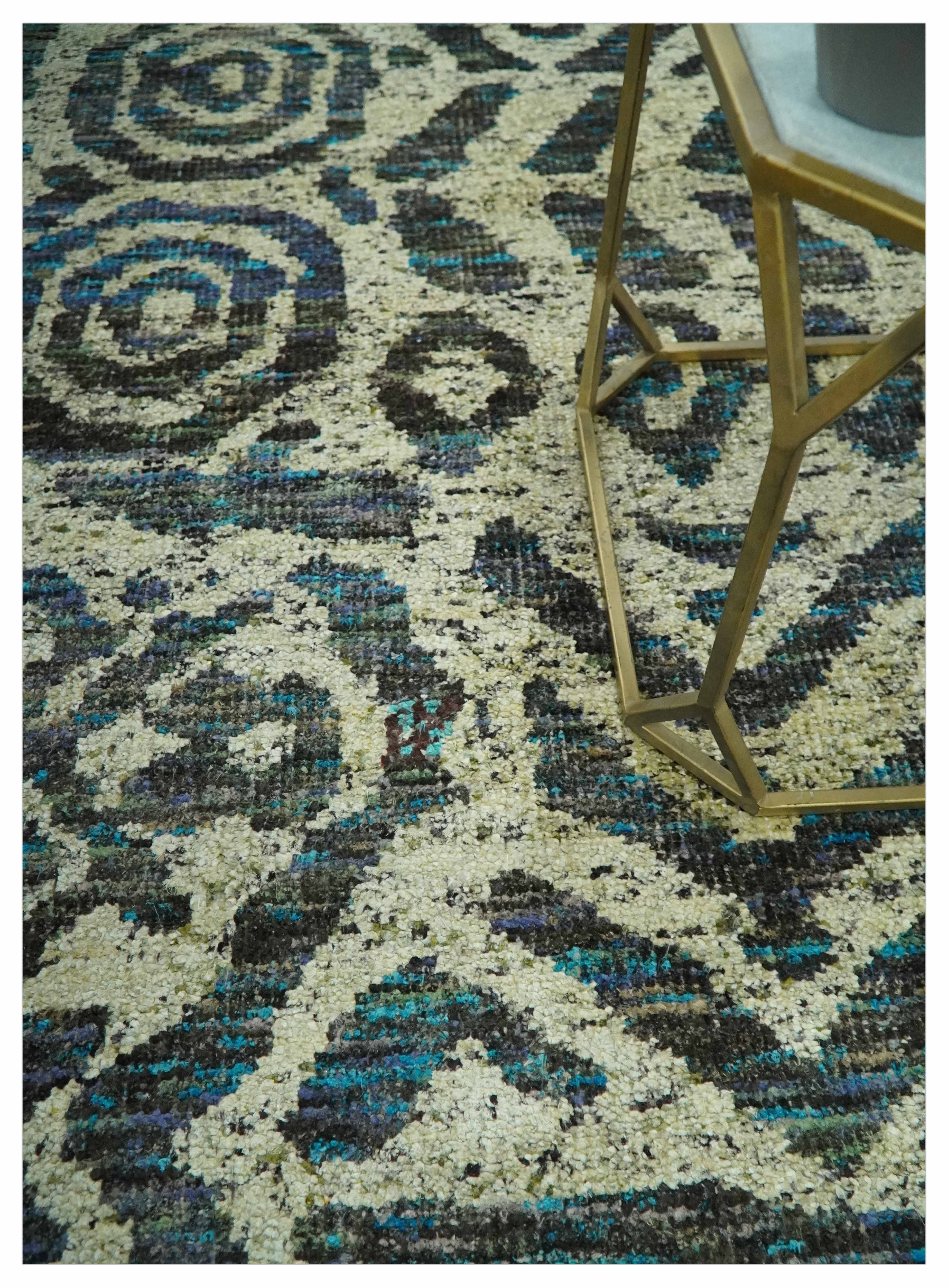 Hand Knotted Beige, Charcoal and Blue Antique Design Contemporary Recycled Silk Rug - Image 2