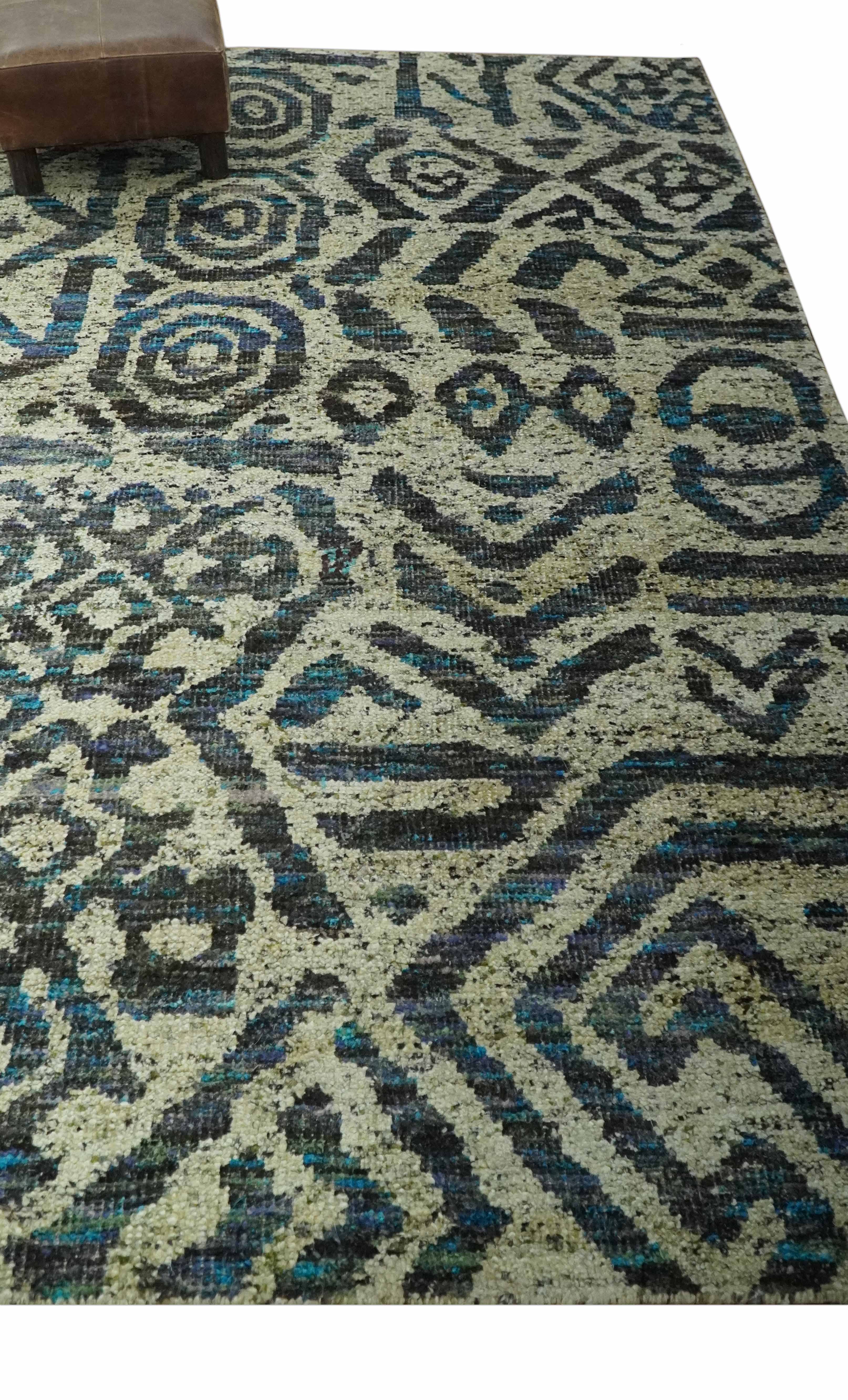 Hand Knotted Beige, Charcoal and Blue Antique Design Contemporary Recycled Silk Rug - Image 3
