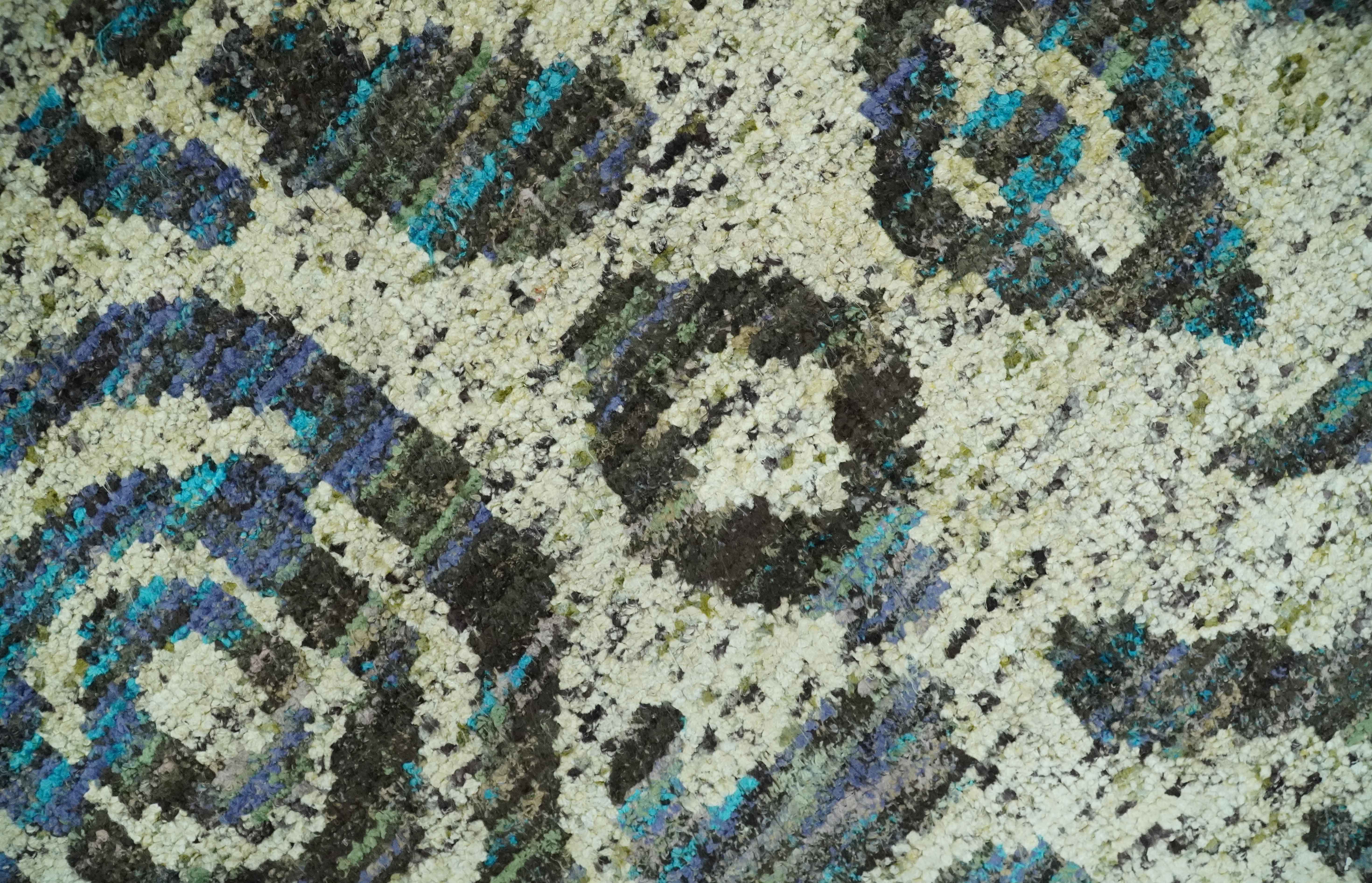Hand Knotted Beige, Charcoal and Blue Antique Design Contemporary Recycled Silk Rug - Image 4