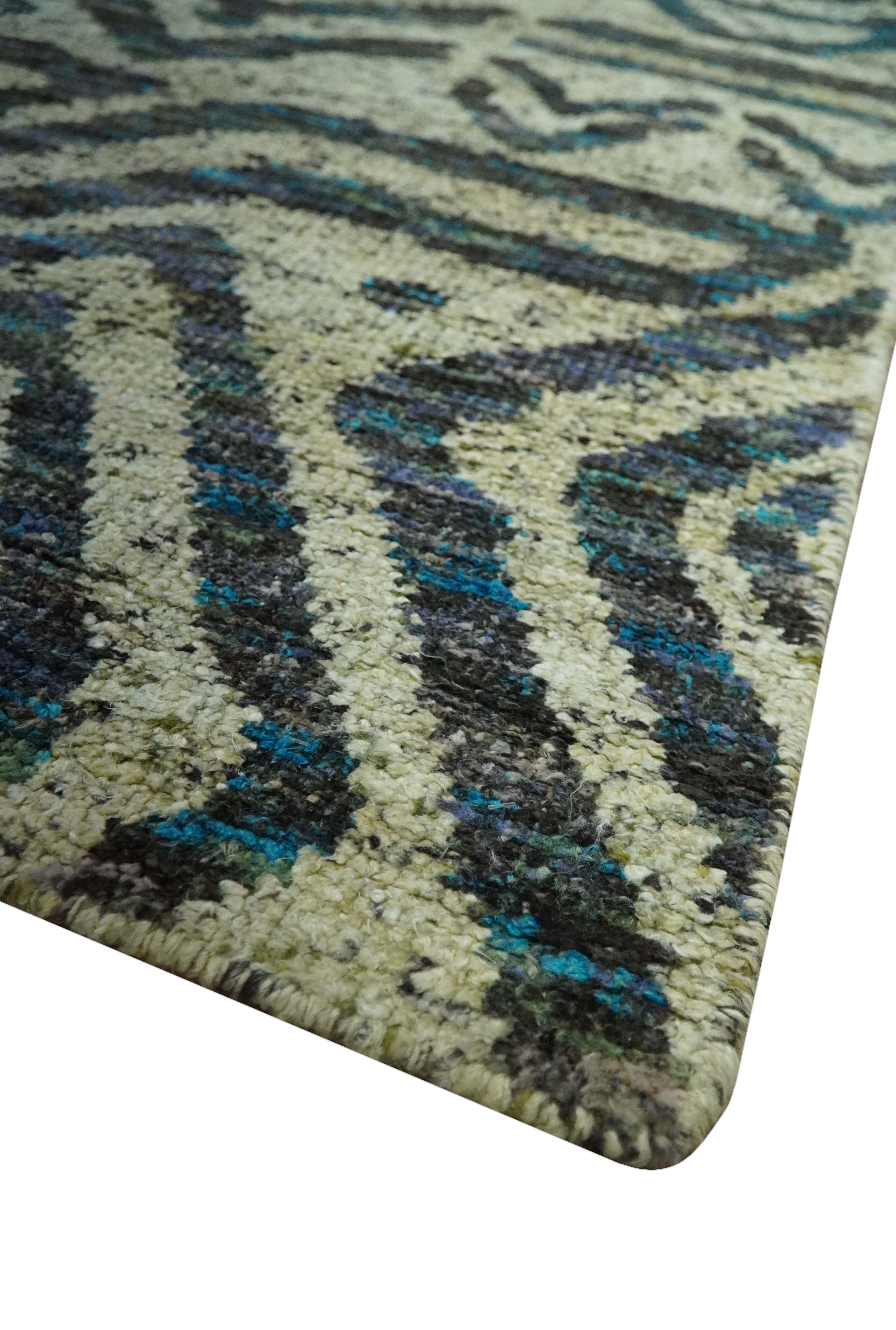 Hand Knotted Beige, Charcoal and Blue Antique Design Contemporary Recycled Silk Rug - Image 5