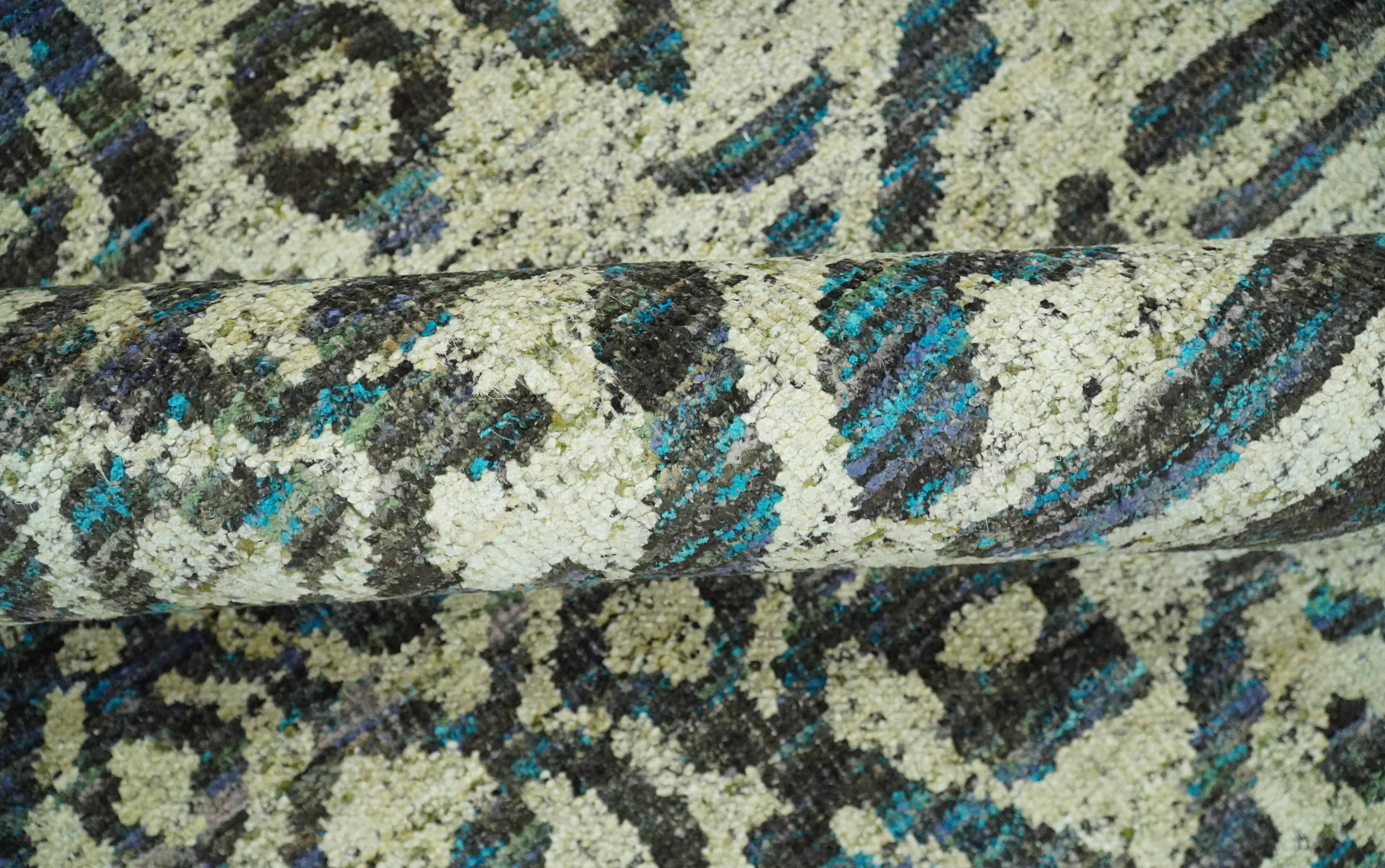 Hand Knotted Beige, Charcoal and Blue Antique Design Contemporary Recycled Silk Rug - Image 6