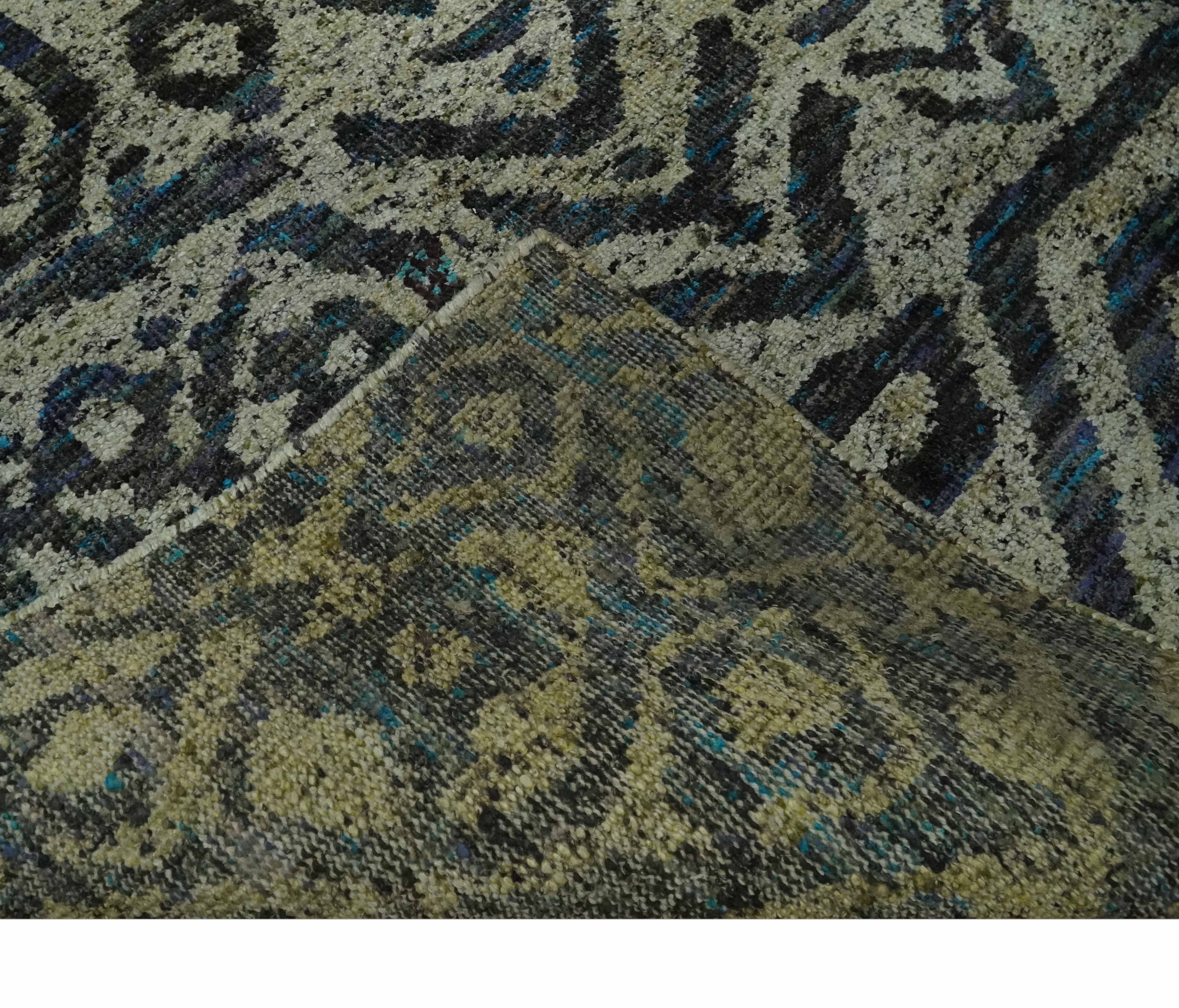 Hand Knotted Beige, Charcoal and Blue Antique Design Contemporary Recycled Silk Rug - Image 8