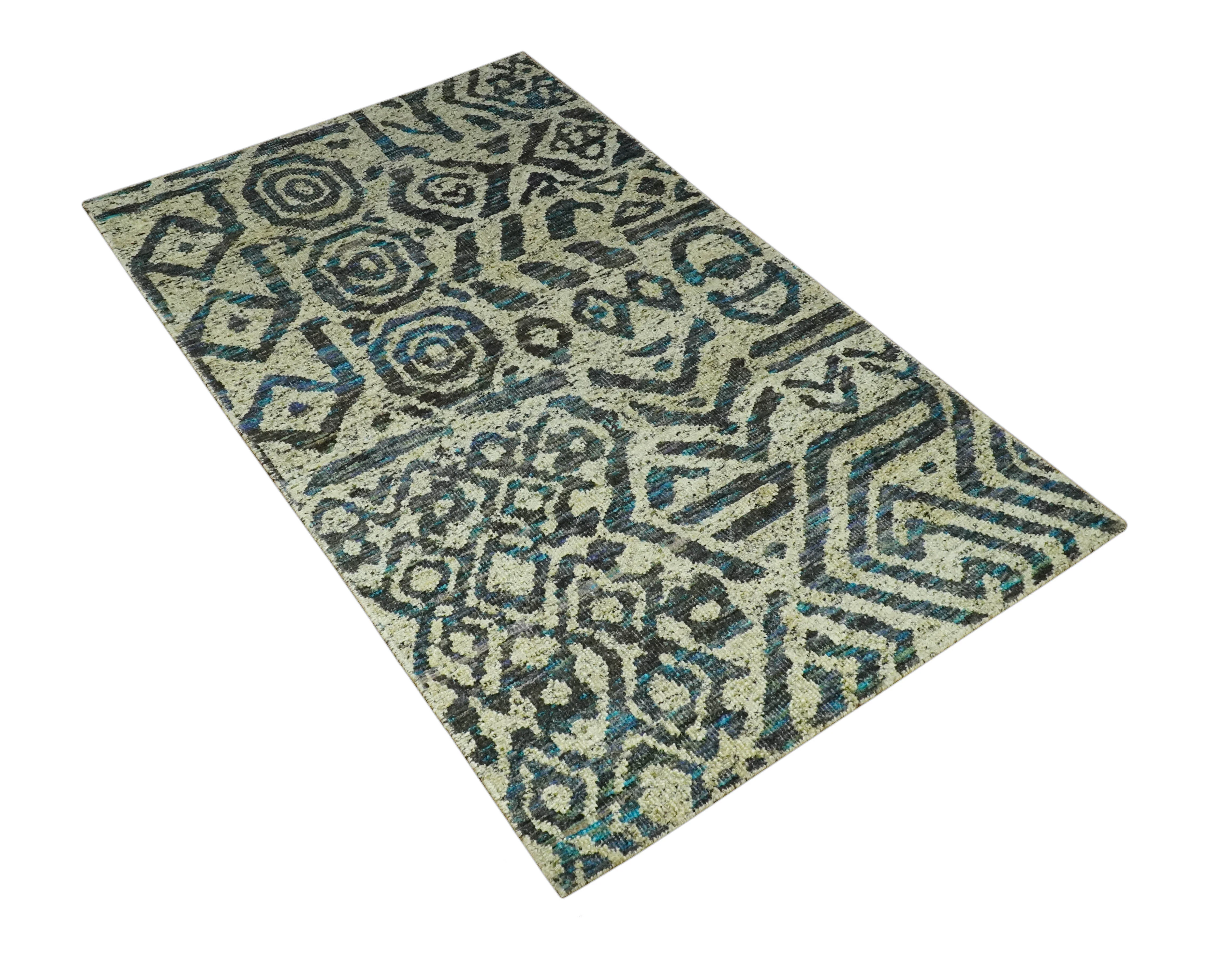 Hand Knotted Beige, Charcoal and Blue Antique Design Contemporary Recycled Silk Rug - Image 9