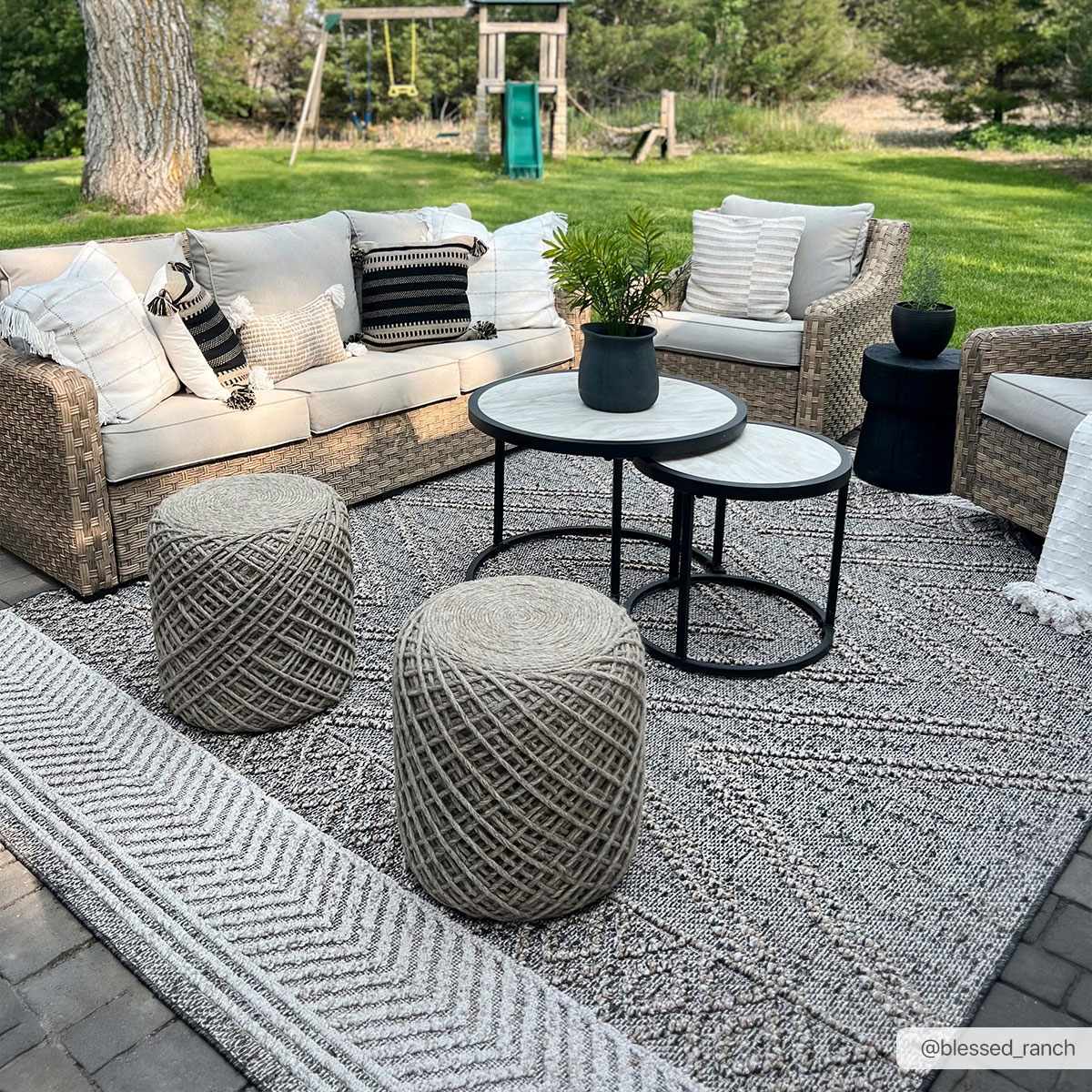 Beige, Charcoal and Gold Geometrical Design Outdoor Machine Woven Area Rug - Image 3