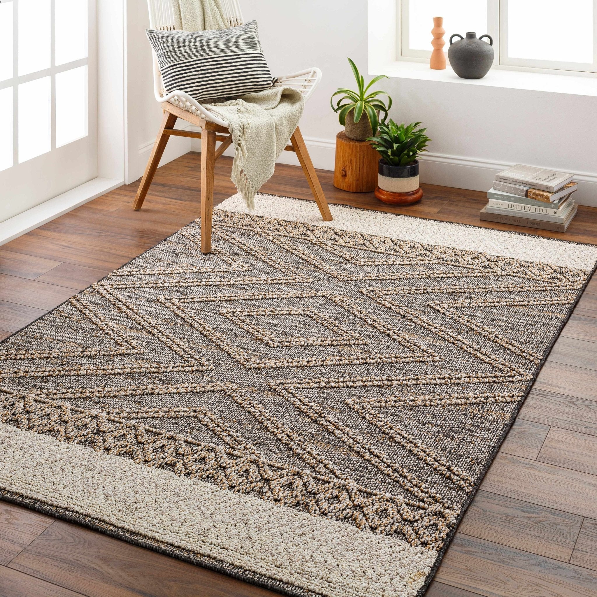 Beige, Charcoal and Gold Geometrical Design Outdoor Machine Woven Area Rug - Image 6