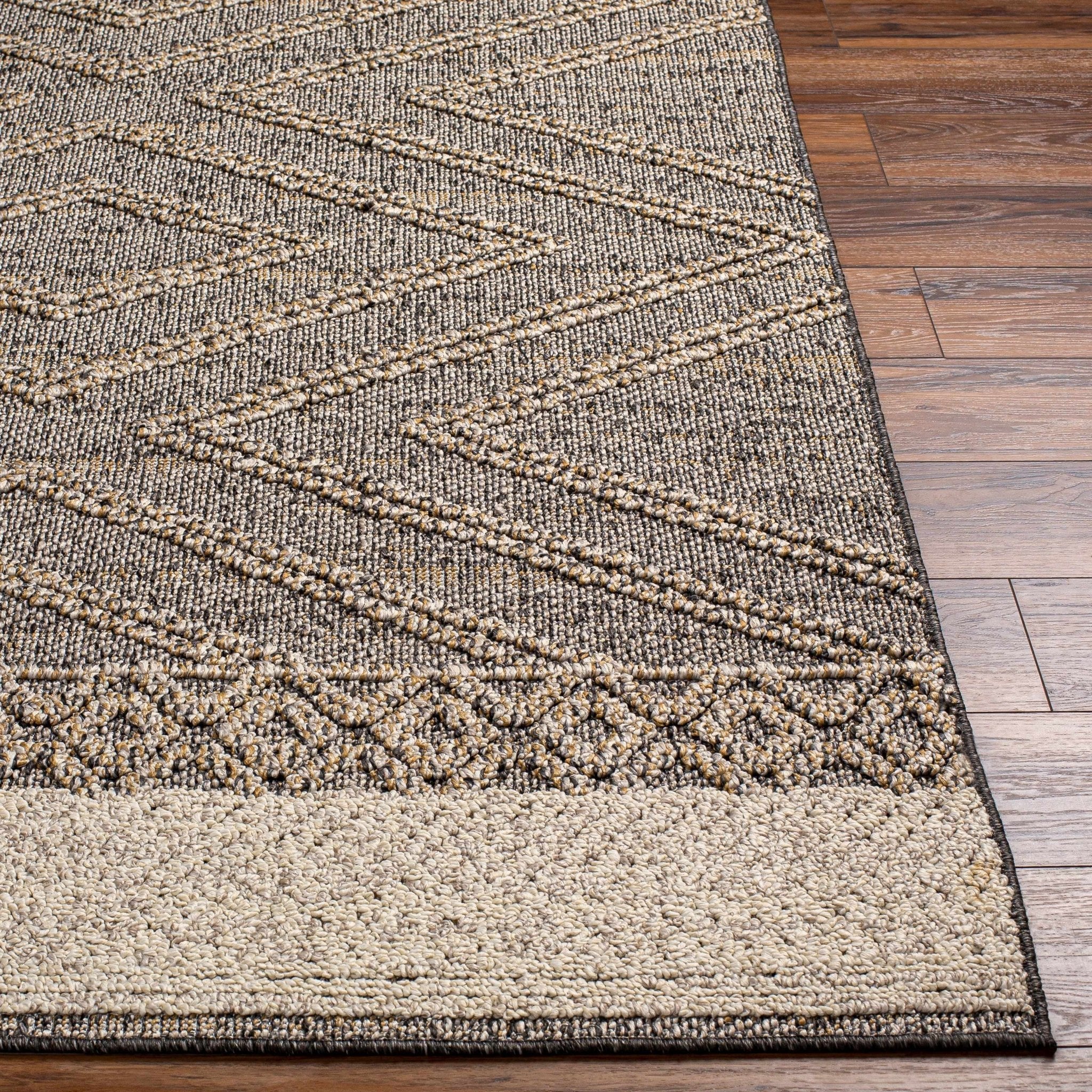 Beige, Charcoal and Gold Geometrical Design Outdoor Machine Woven Area Rug - Image 7