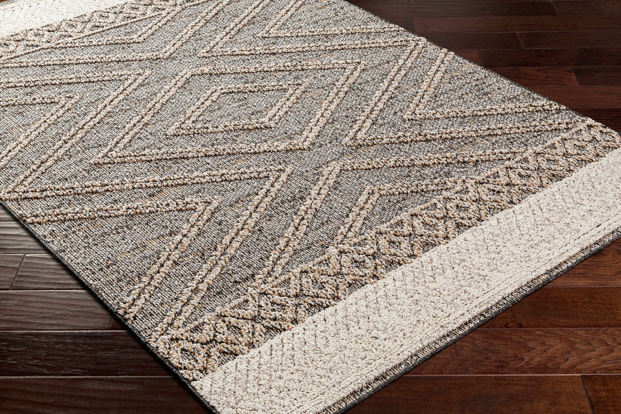 Beige, Charcoal and Gold Geometrical Design Outdoor Machine Woven Area Rug - Image 8