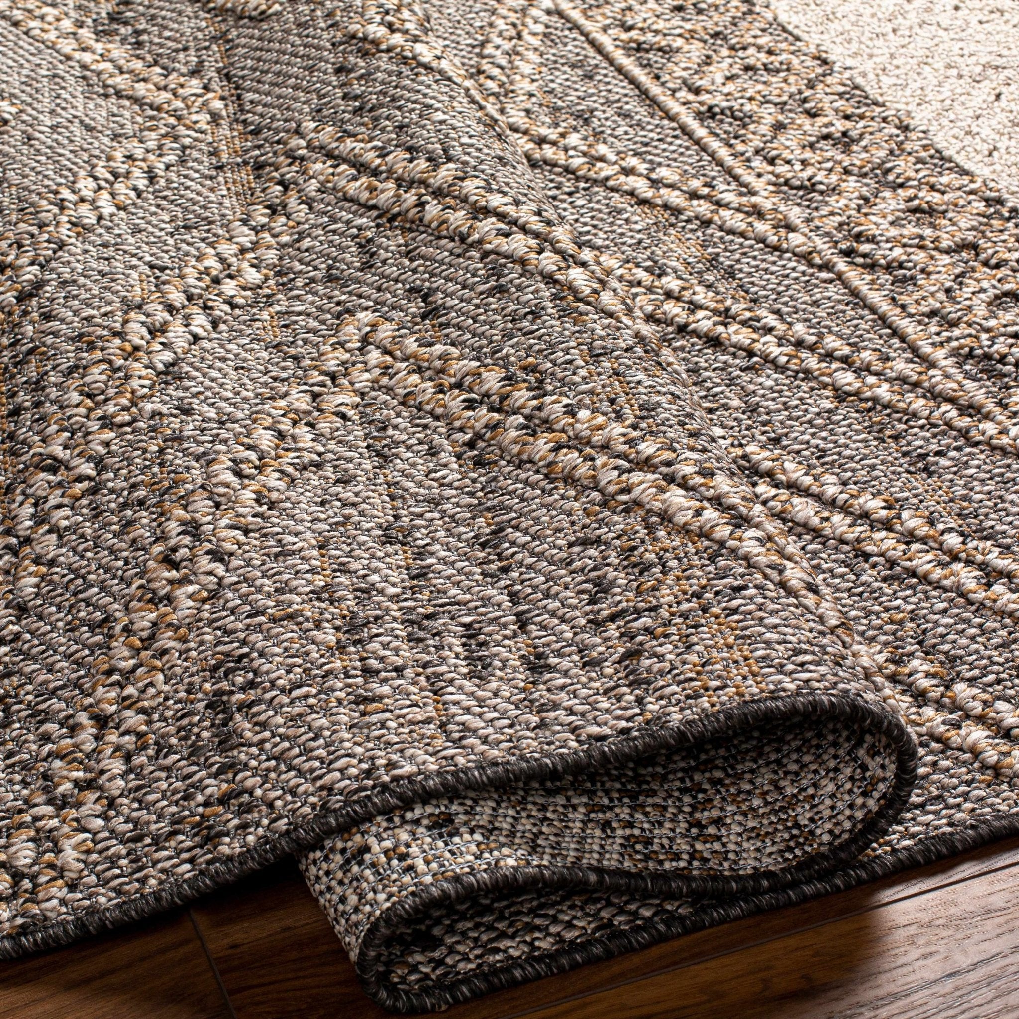 Beige, Charcoal and Gold Geometrical Design Outdoor Machine Woven Area Rug - Image 9