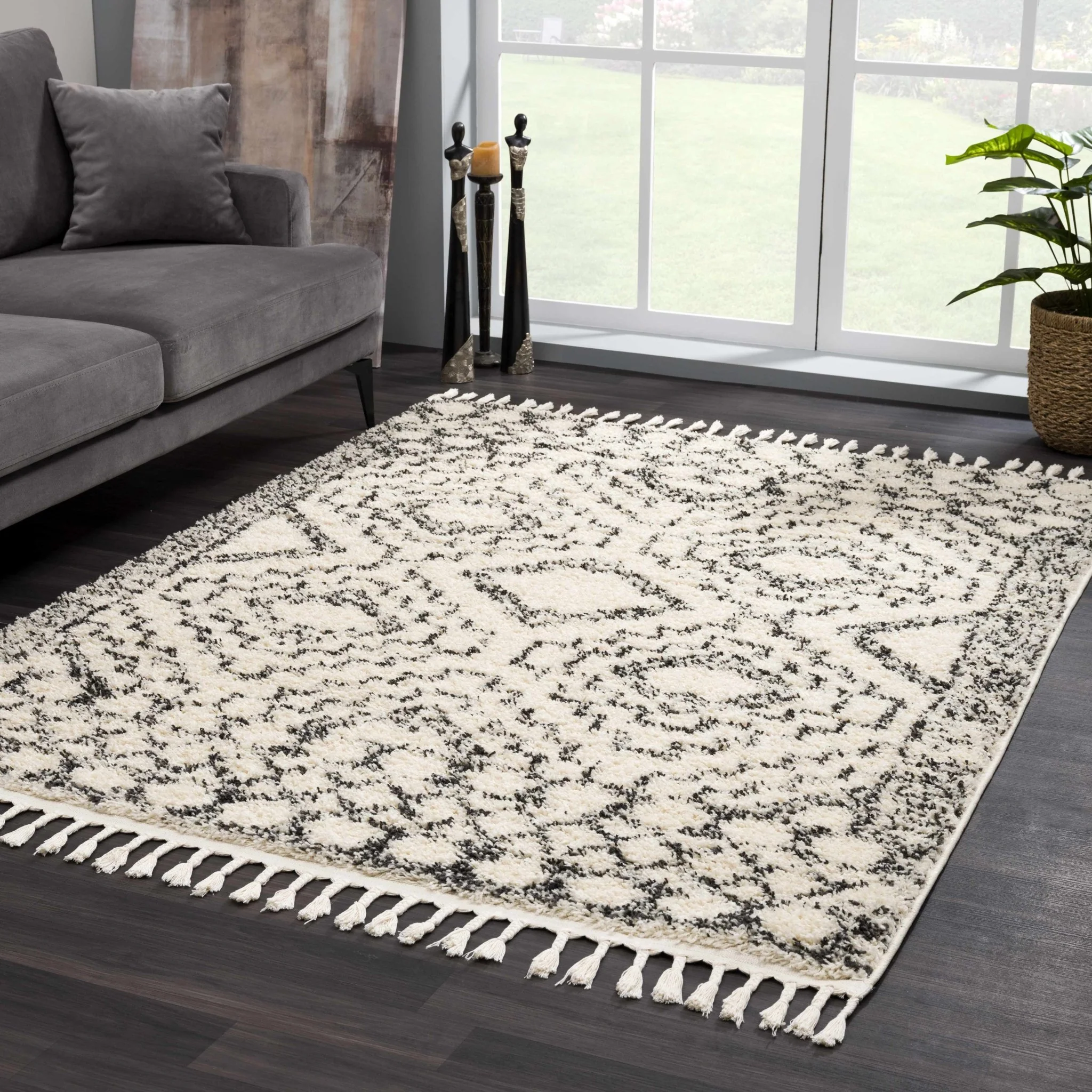 Beige and Charcoal Geometrical Design Moroccan Style Area Rug - Image 19