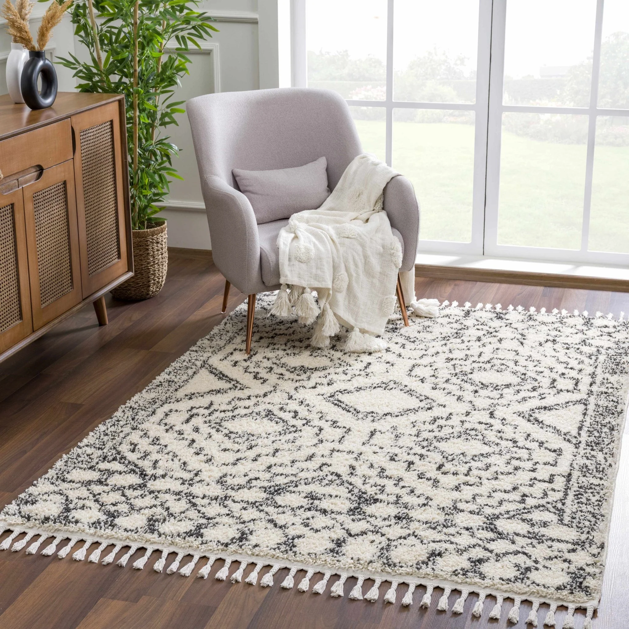 Beige and Charcoal Geometrical Design Moroccan Style Area Rug - Image 20