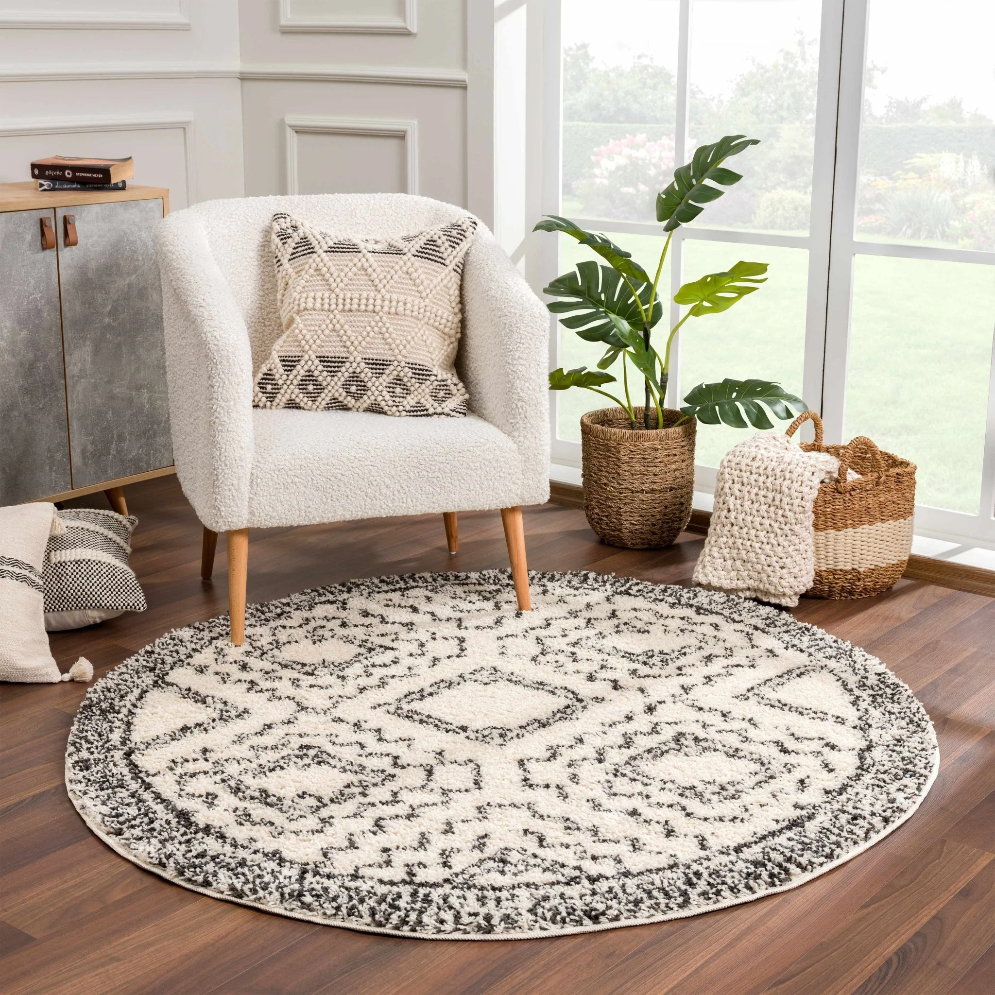 Beige and Charcoal Geometrical Design Moroccan Style Area Rug - Image 3