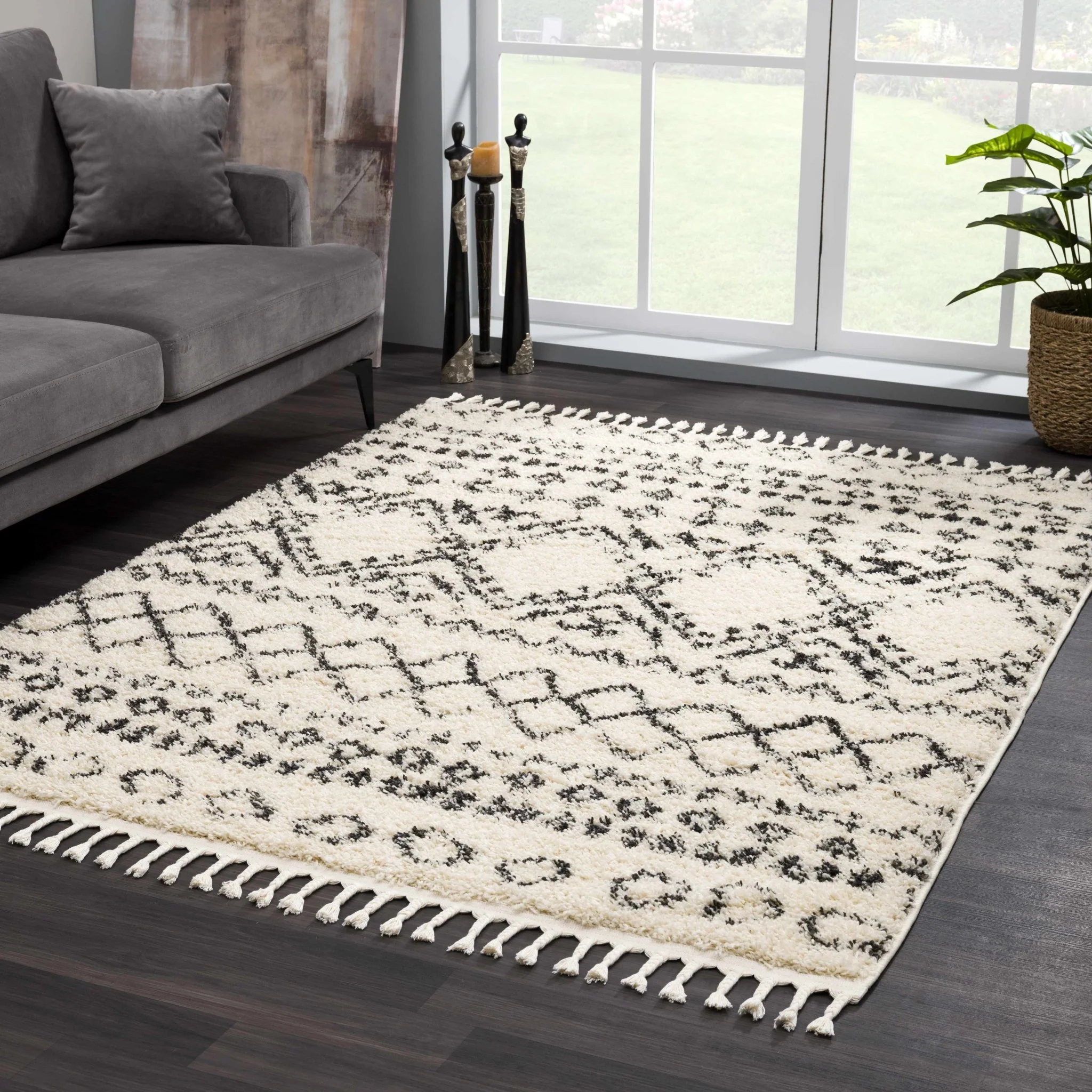 Traditional Design Beige and Charcoal Machine Woven Moroccan Tribal Trellis Rug - Image 10