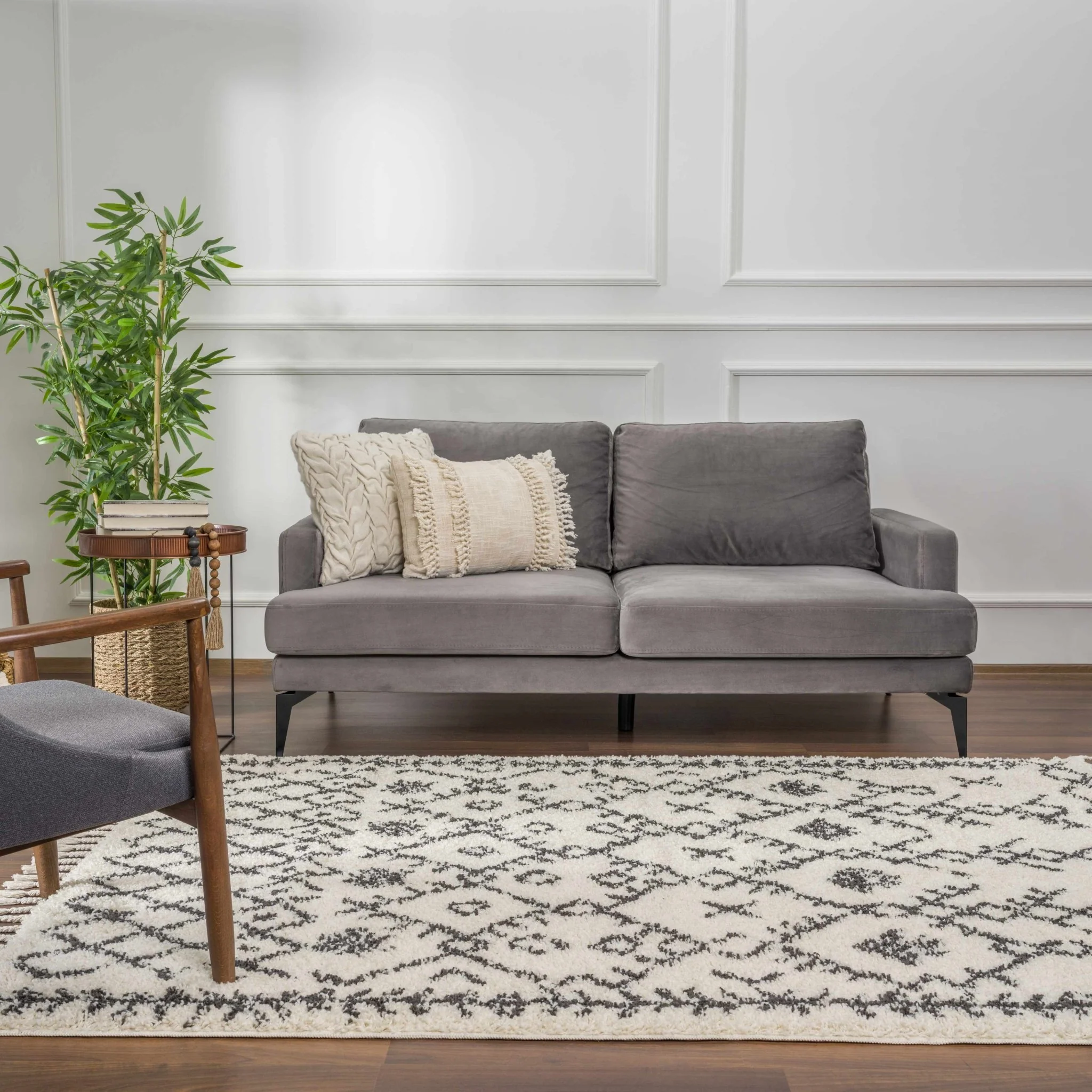 Beige and Charcoal Geometrical Design Moroccan Style Tribal Trellis Rug - Image 10