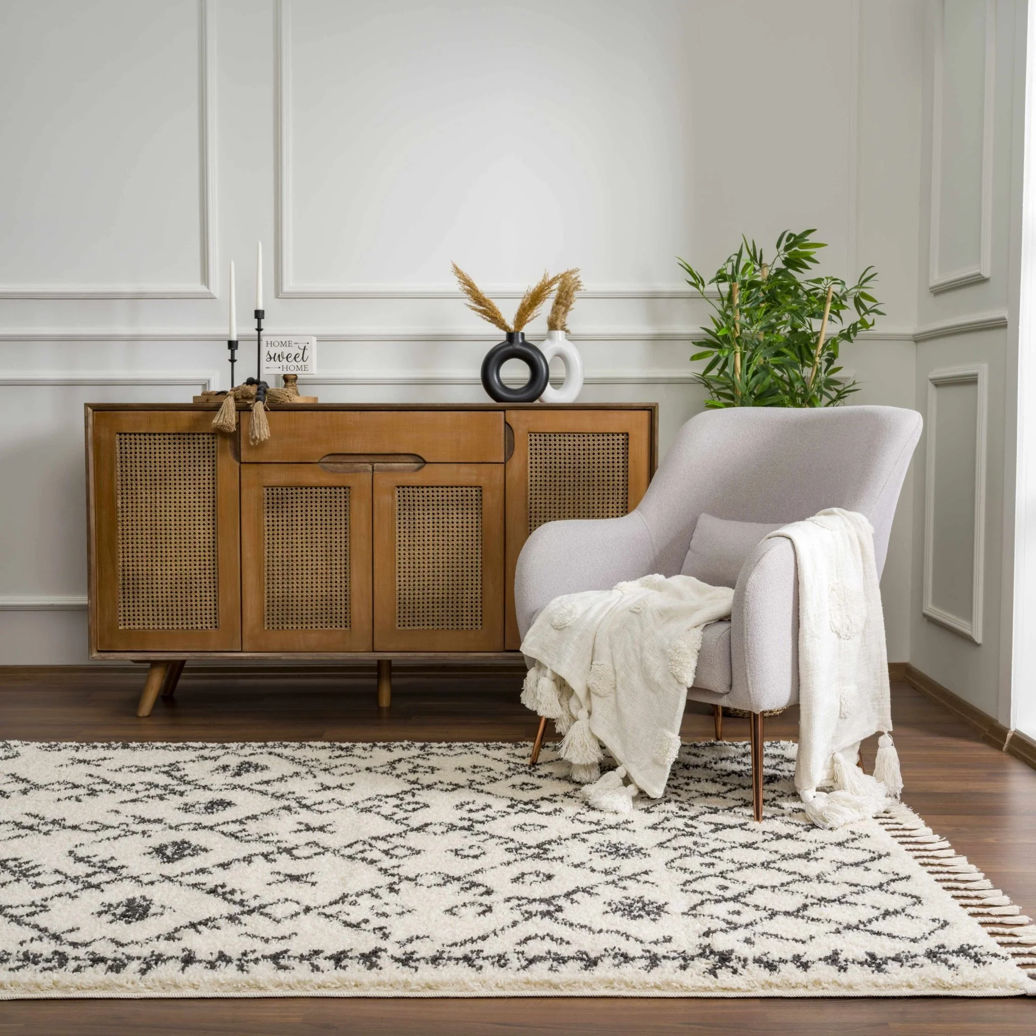 Beige and Charcoal Geometrical Design Moroccan Style Tribal Trellis Rug - Image 11