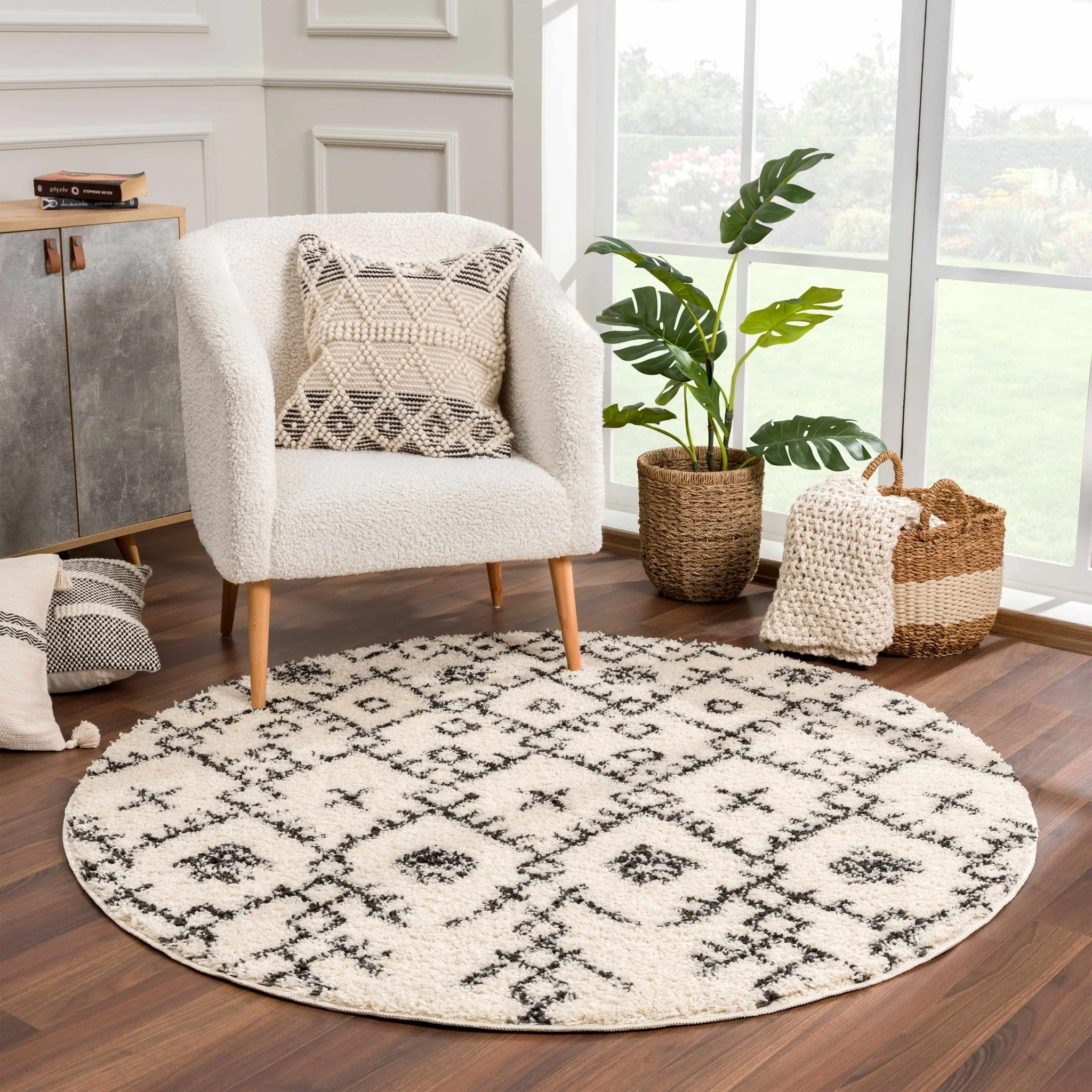Beige and Charcoal Geometrical Design Moroccan Style Tribal Trellis Rug - Image 12