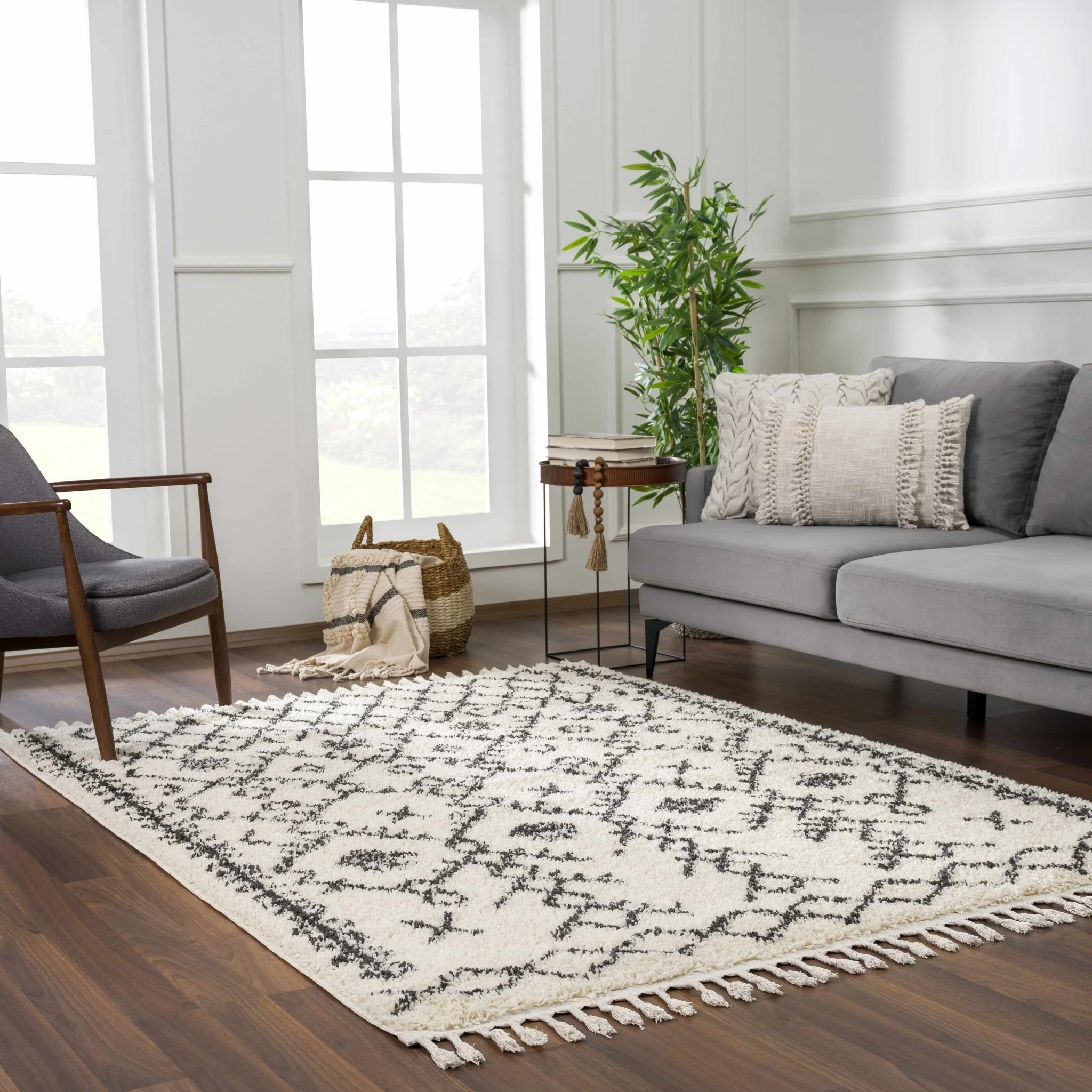Beige and Charcoal Geometrical Design Moroccan Style Tribal Trellis Rug - Image 13
