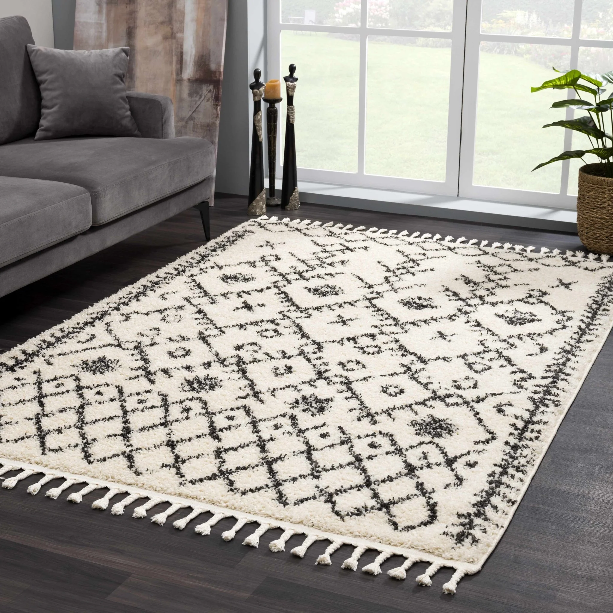 Beige and Charcoal Geometrical Design Moroccan Style Tribal Trellis Rug - Image 14