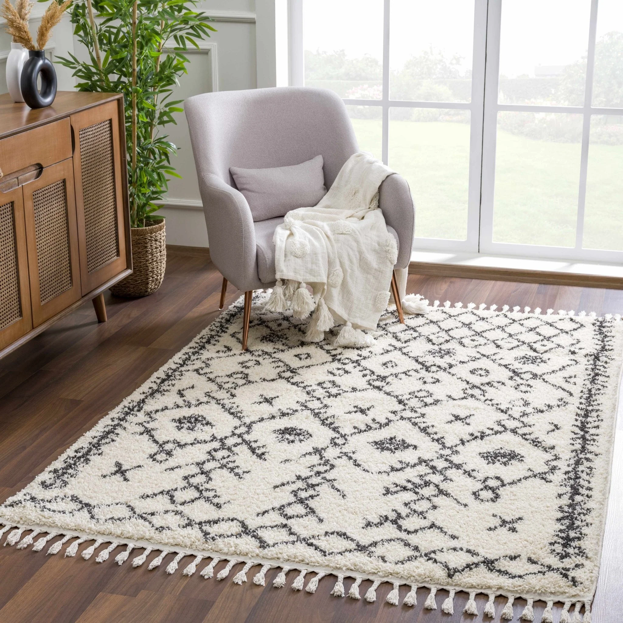 Beige and Charcoal Geometrical Design Moroccan Style Tribal Trellis Rug - Image 7